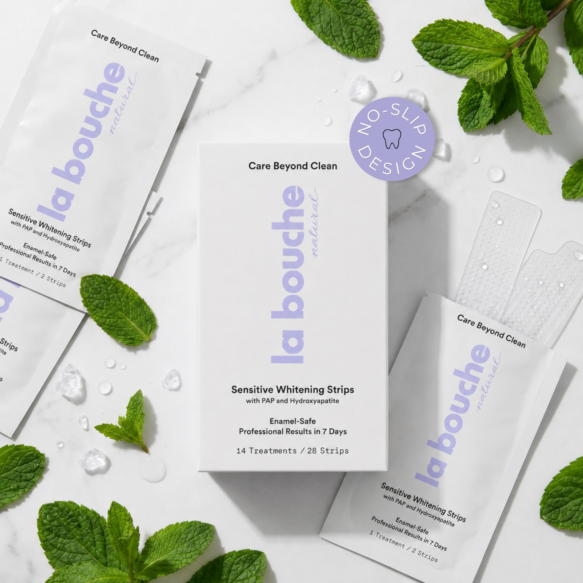 La Bouche Natural whitening strips for teeth, peroxide-free, 14-count pack, showing the strips and packaging for natural tooth whitening.