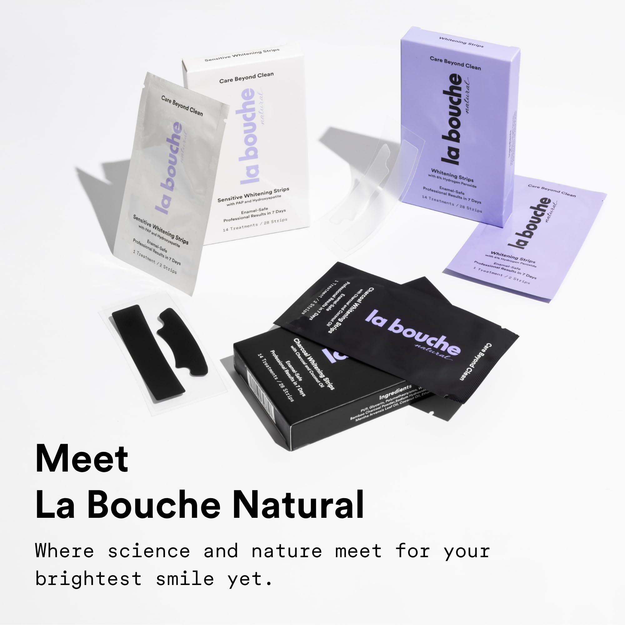 La Bouche Natural whitening strips for teeth, peroxide-free, in a 14-count package, designed to brighten smile naturally.