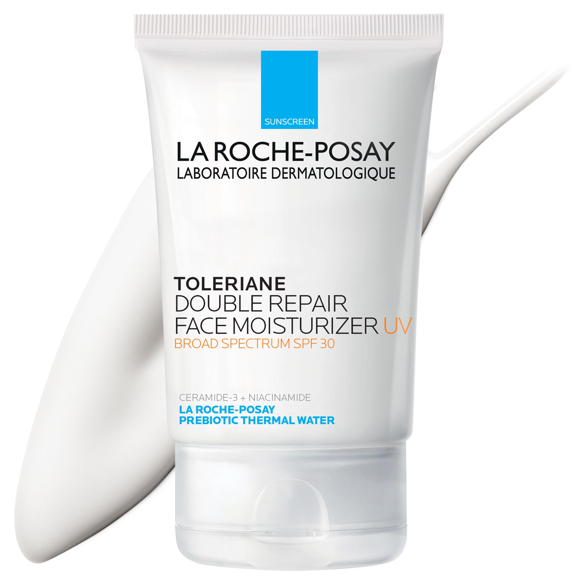 La Roche-Posay Toleriane Double Repair UV SPF 30 moisturizer in 2.5oz bottle, showing the product and label.