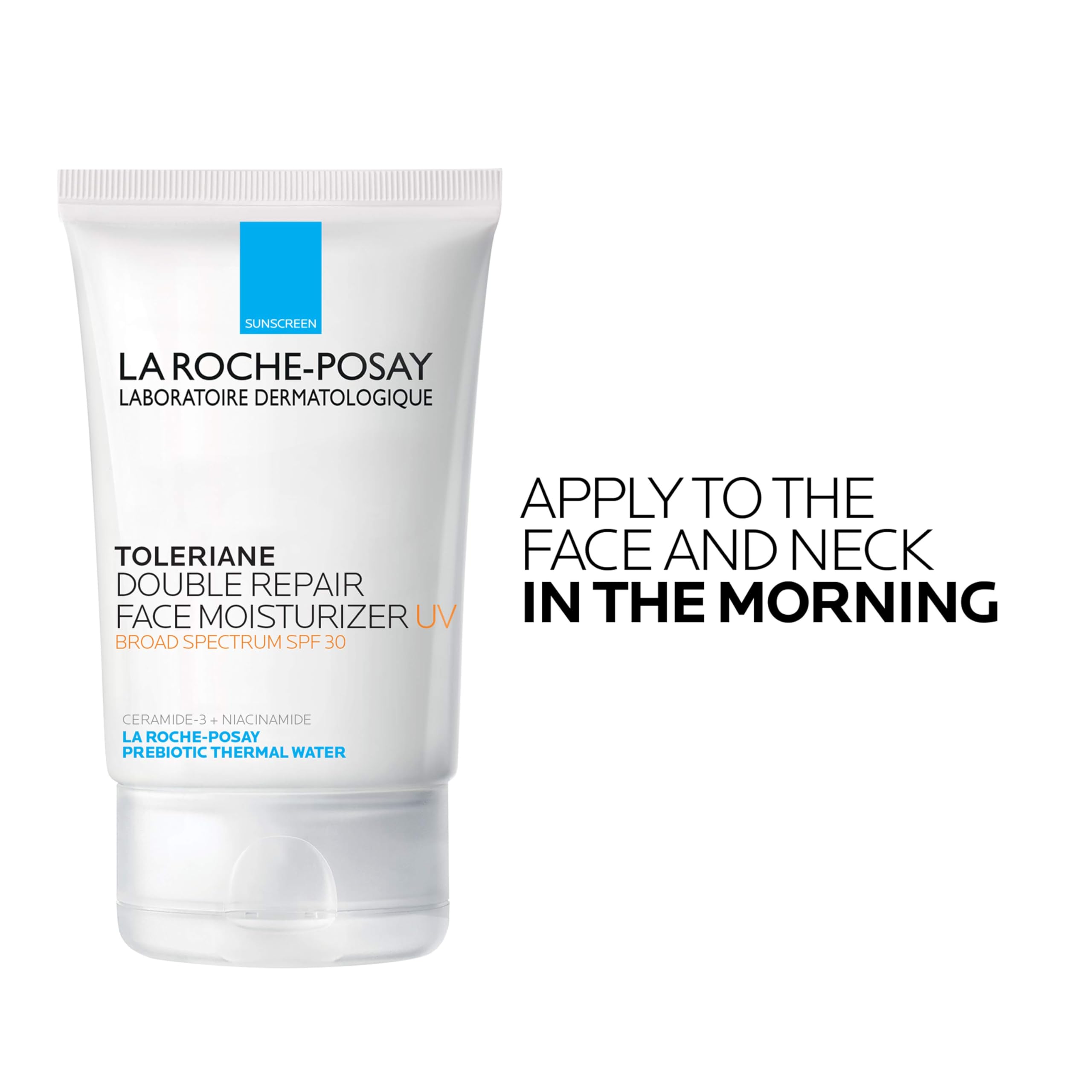 La Roche-Posay Toleriane Double Repair UV SPF 30 moisturizer in 2.5oz tube, showing the product packaging and brand label.