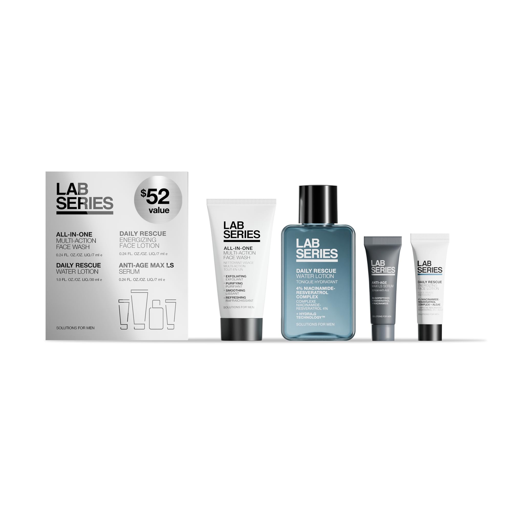 Lab Series men's skincare gift set with four travel-sized products, including cleansers and moisturizers in a sleek kit.