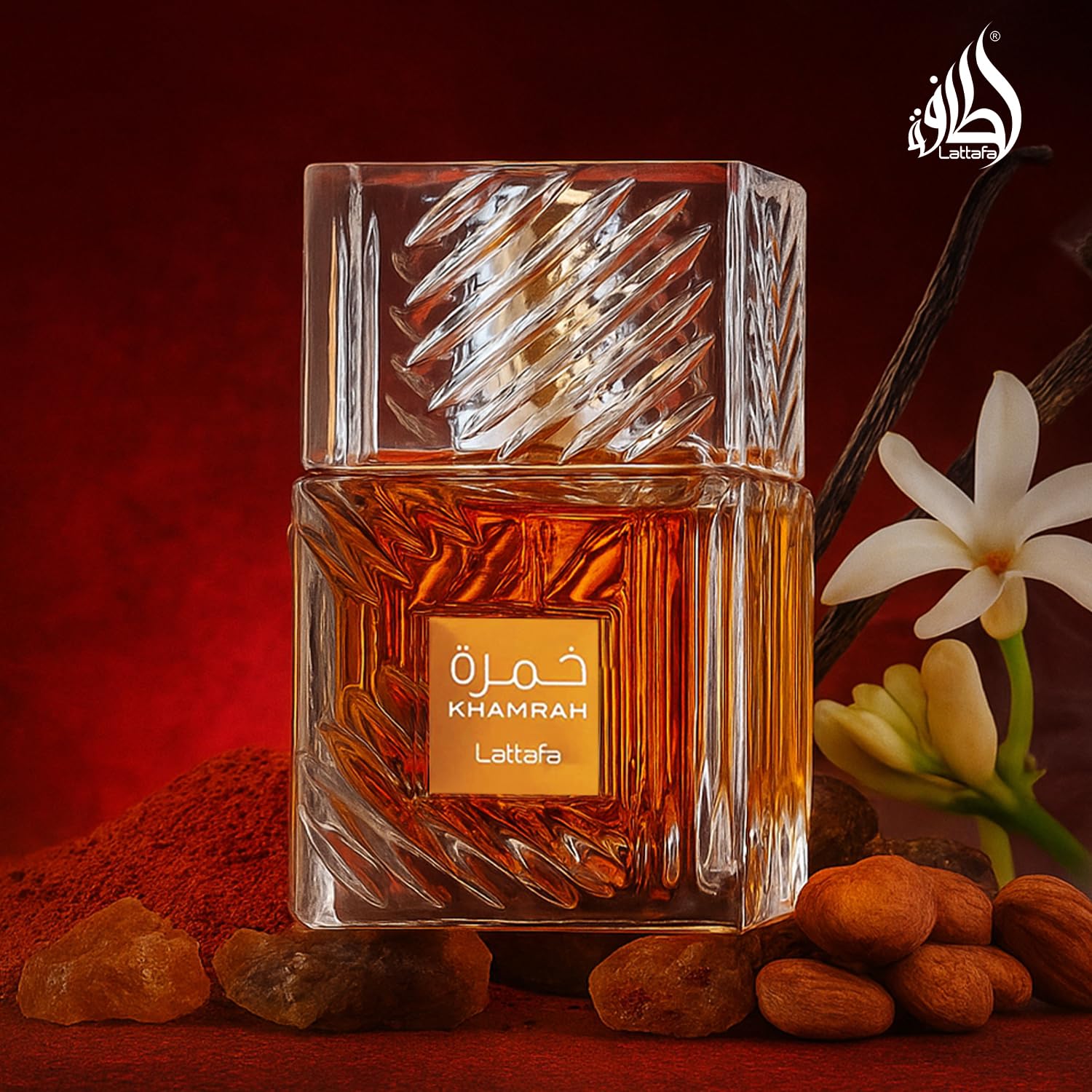 Lattafa Khamrah EDP unisex fragrance 100ml bottle, showcasing elegant packaging and stylish design of this personal perfume.