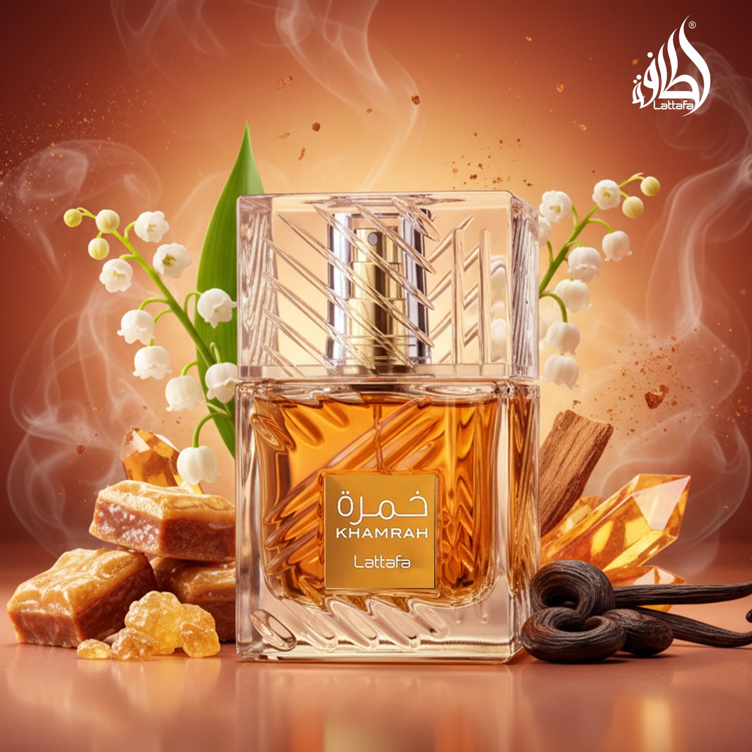 Lattafa Khamrah unisex EDP fragrance bottle, 100ml, showcasing elegant glass design and fragrance branding.