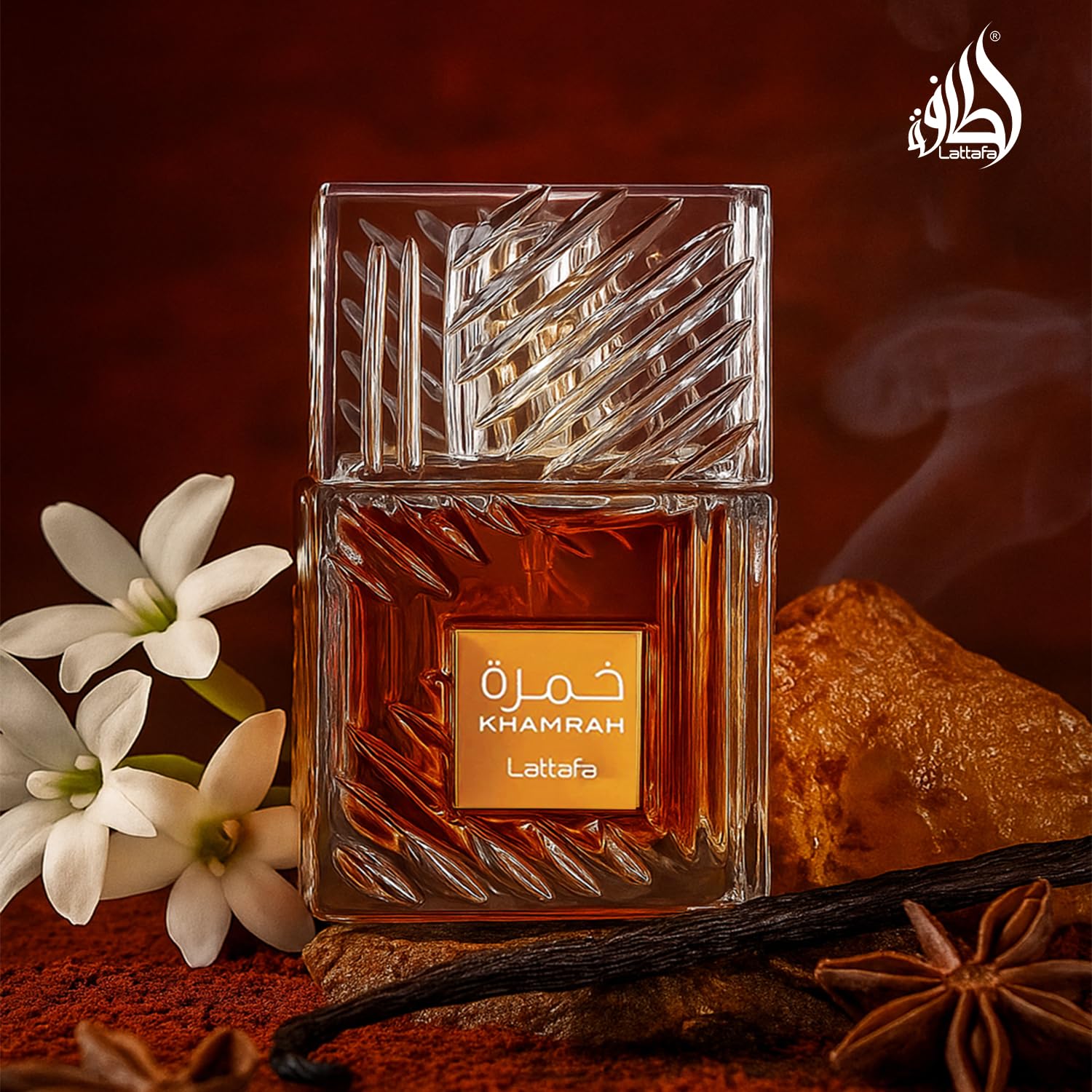 Lattafa Khamrah unisex EDP perfume in 100ml bottle, showcasing elegant packaging and design.