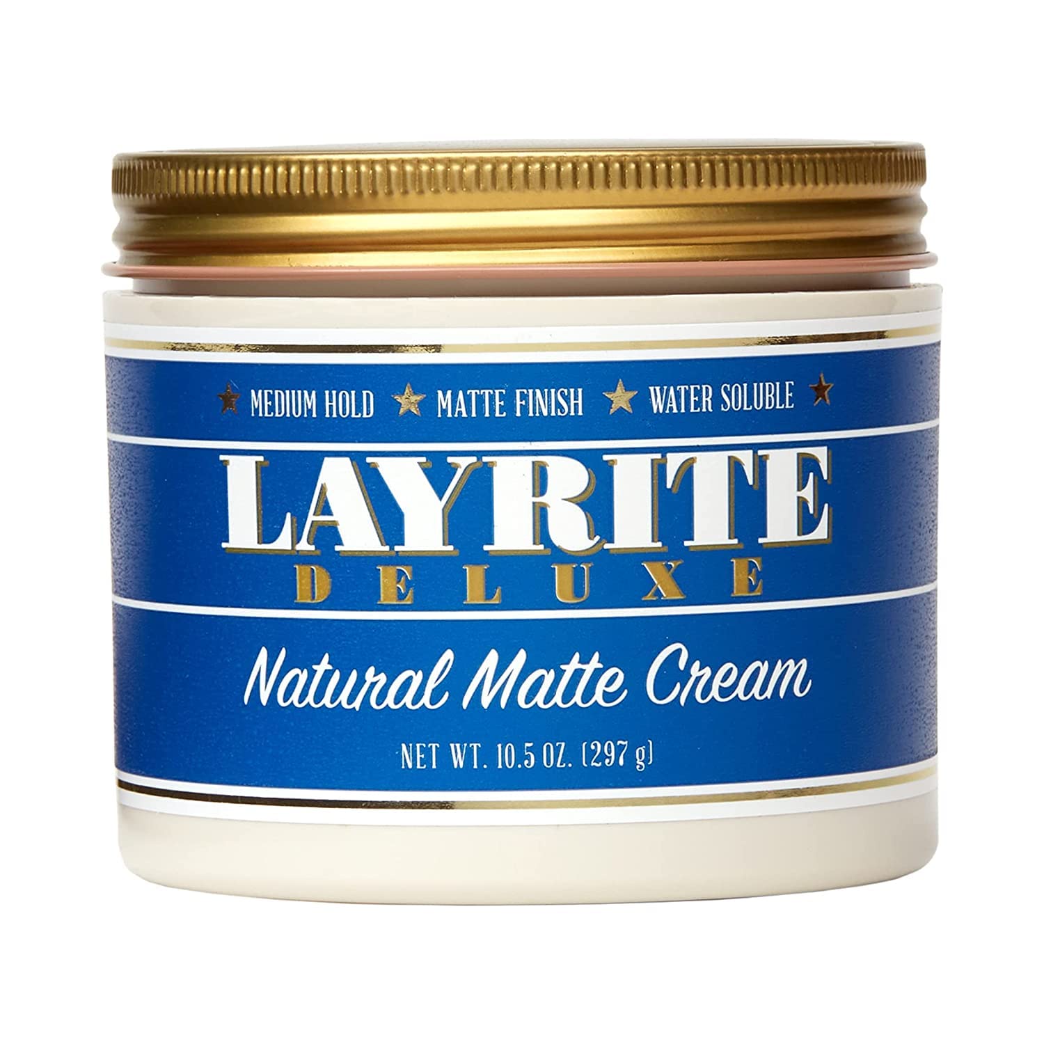 Layrite Natural Matte Cream for Men, a 10.5 oz hair styling agent with a matte finish, shown in a jar with a black lid.