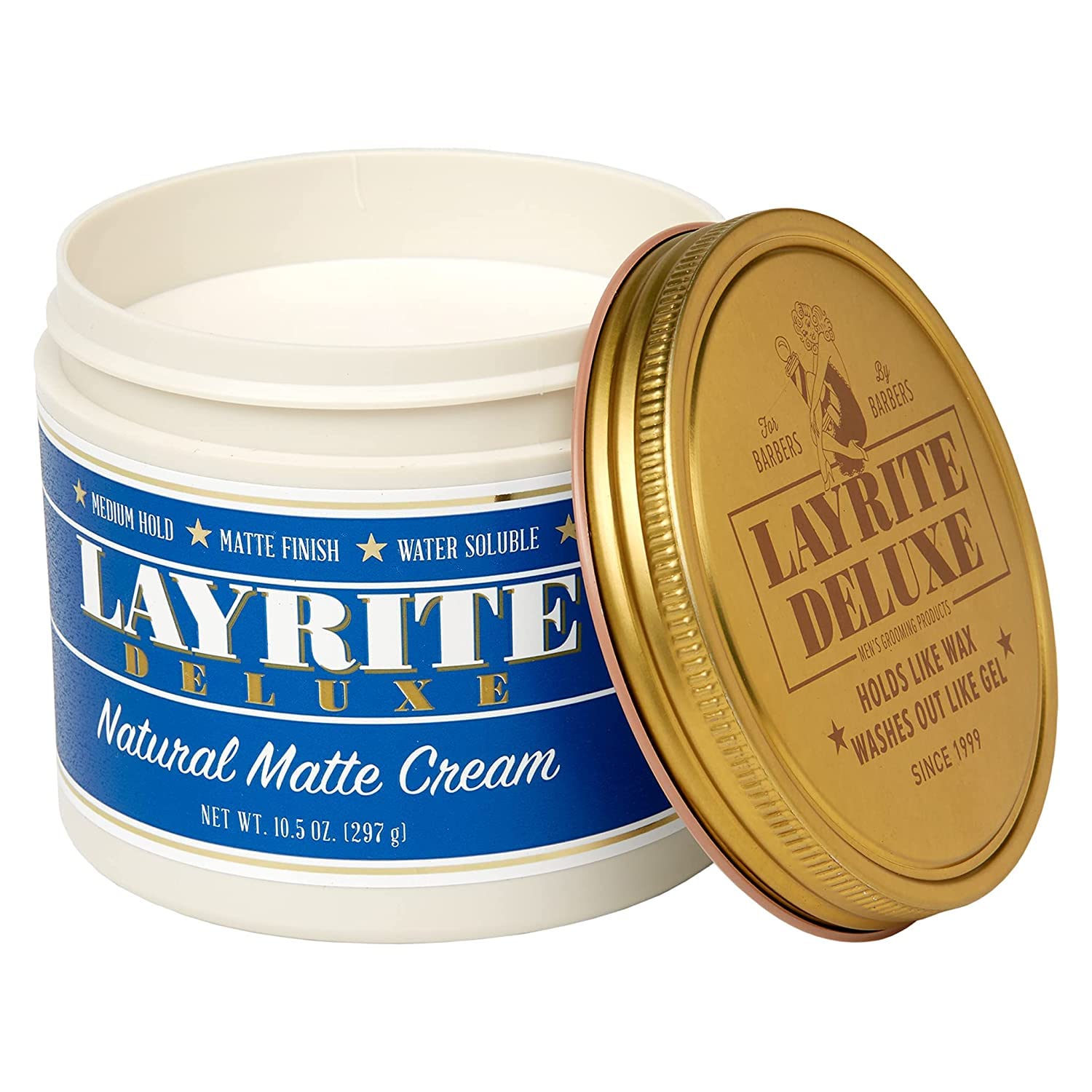 Layrite Natural Matte Cream for Men, 10.5 oz hair styling agent with natural matte finish, in a white tub.