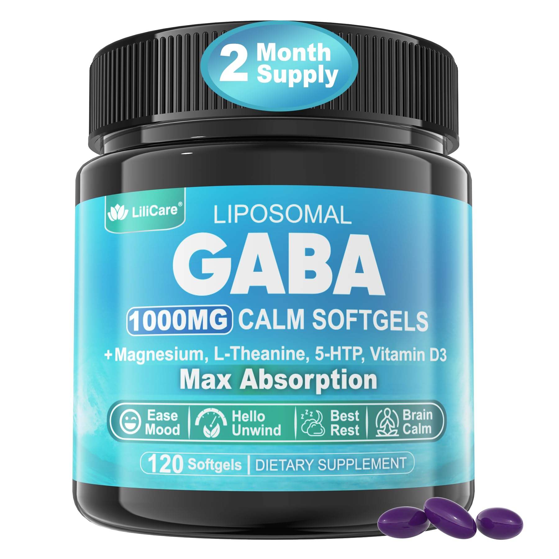 LILICARE GABA 1000mg liposomal softgels for calm and sleep, 120 count, dietary supplement with softgel capsules.