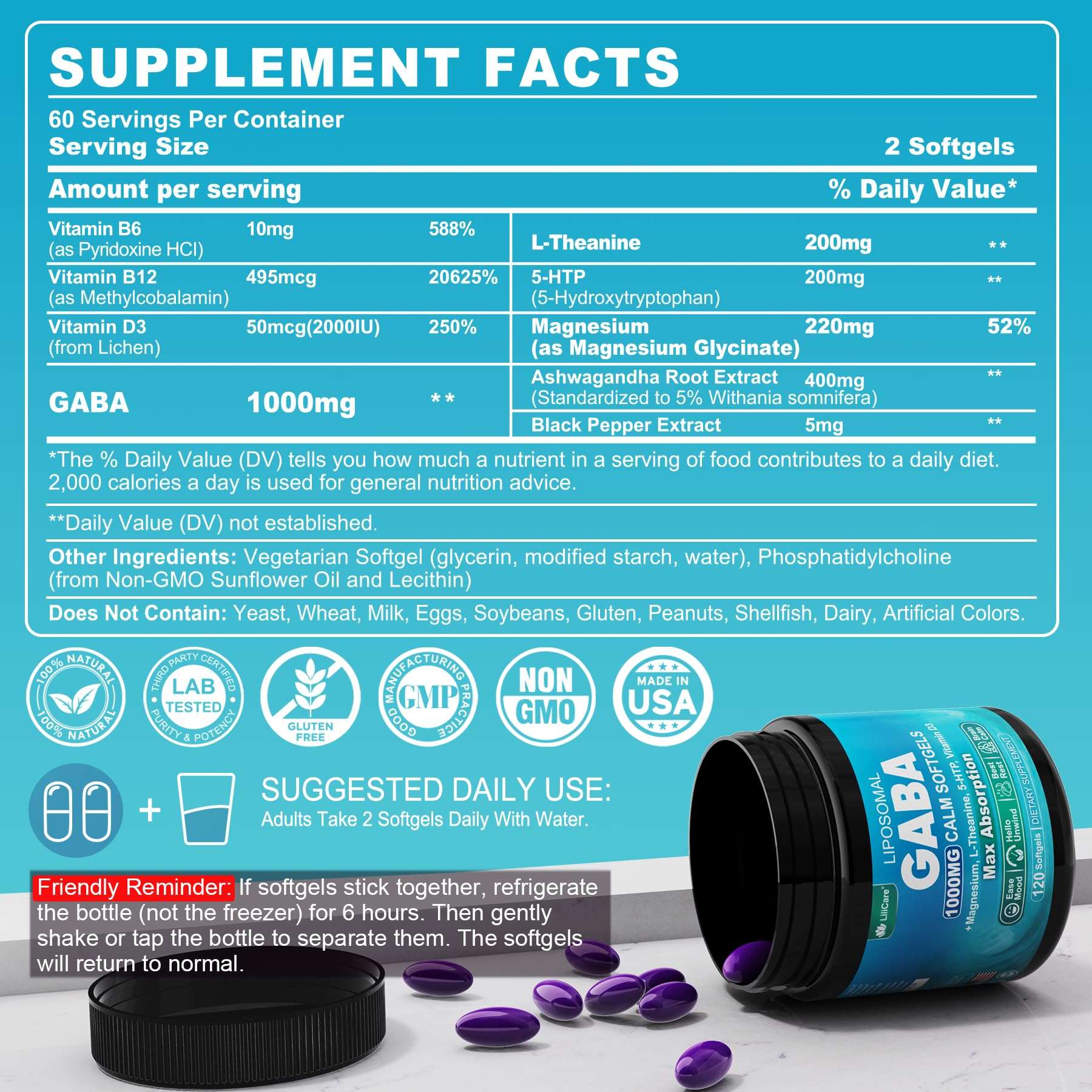 LILICARE GABA 1000mg liposomal softgels for calming and sleep support, shown in a bottle with softgel capsules.