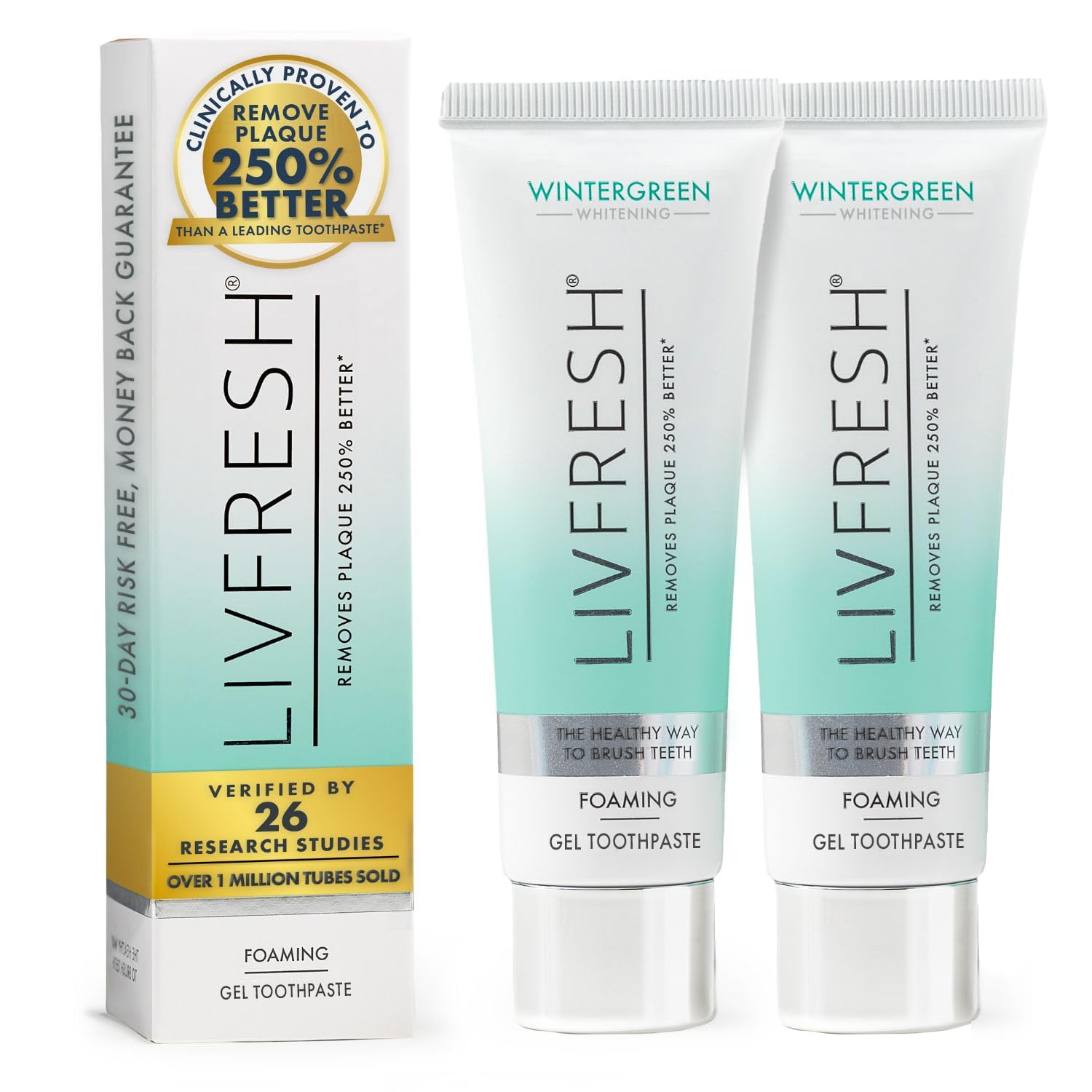 LIVFRESH Dental Gel Toothpaste Wintergreen 2-pack, natural teeth cleaning agent with refreshing wintergreen flavor.