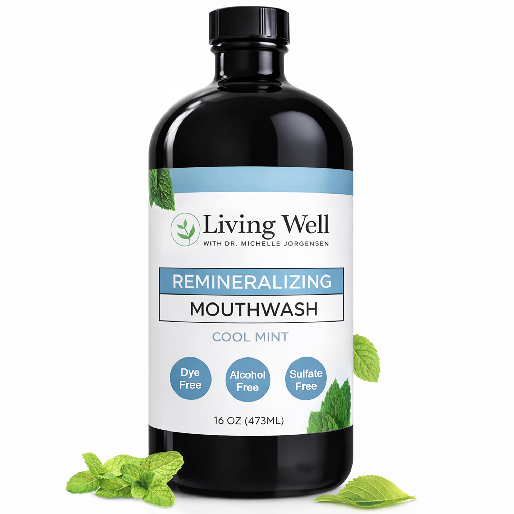 Living Well with Dr. Michelle Remineralizing Mouthwash in Cool Mint, clear bottle with label, showcasing mouthwash liquid inside