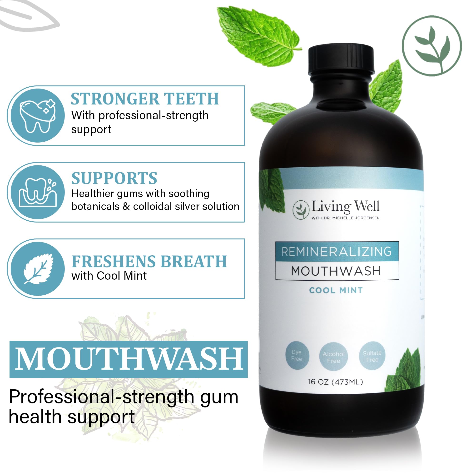 Living Well Dr. Michelle Remineralizing Mouthwash in cool mint flavor, clear bottle with label, ready for oral rinsing.