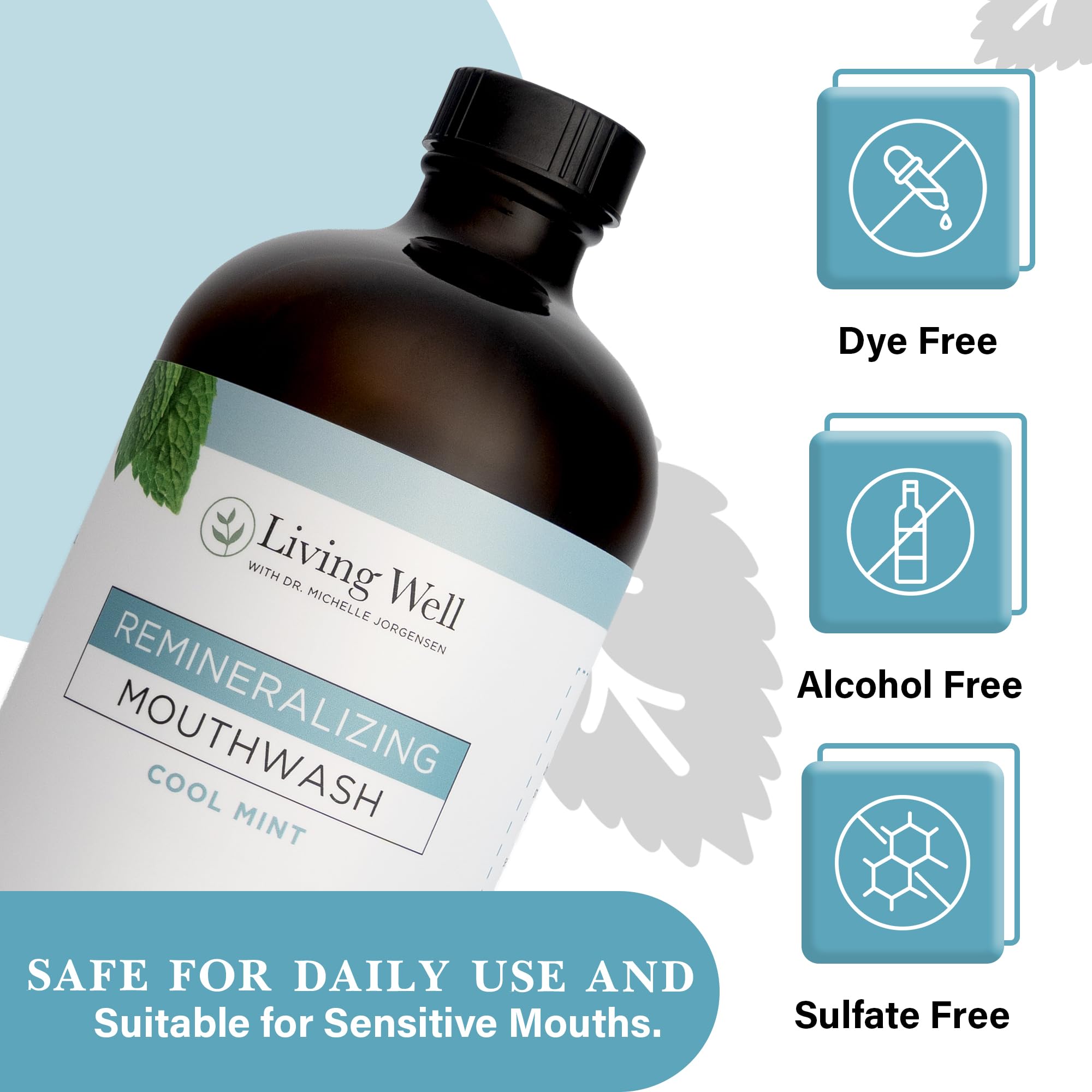 Living Well with Dr. Michelle remineralizing mouthwash in cool mint flavor, showing a clear bottle with a blue cap and fresh mint leaves