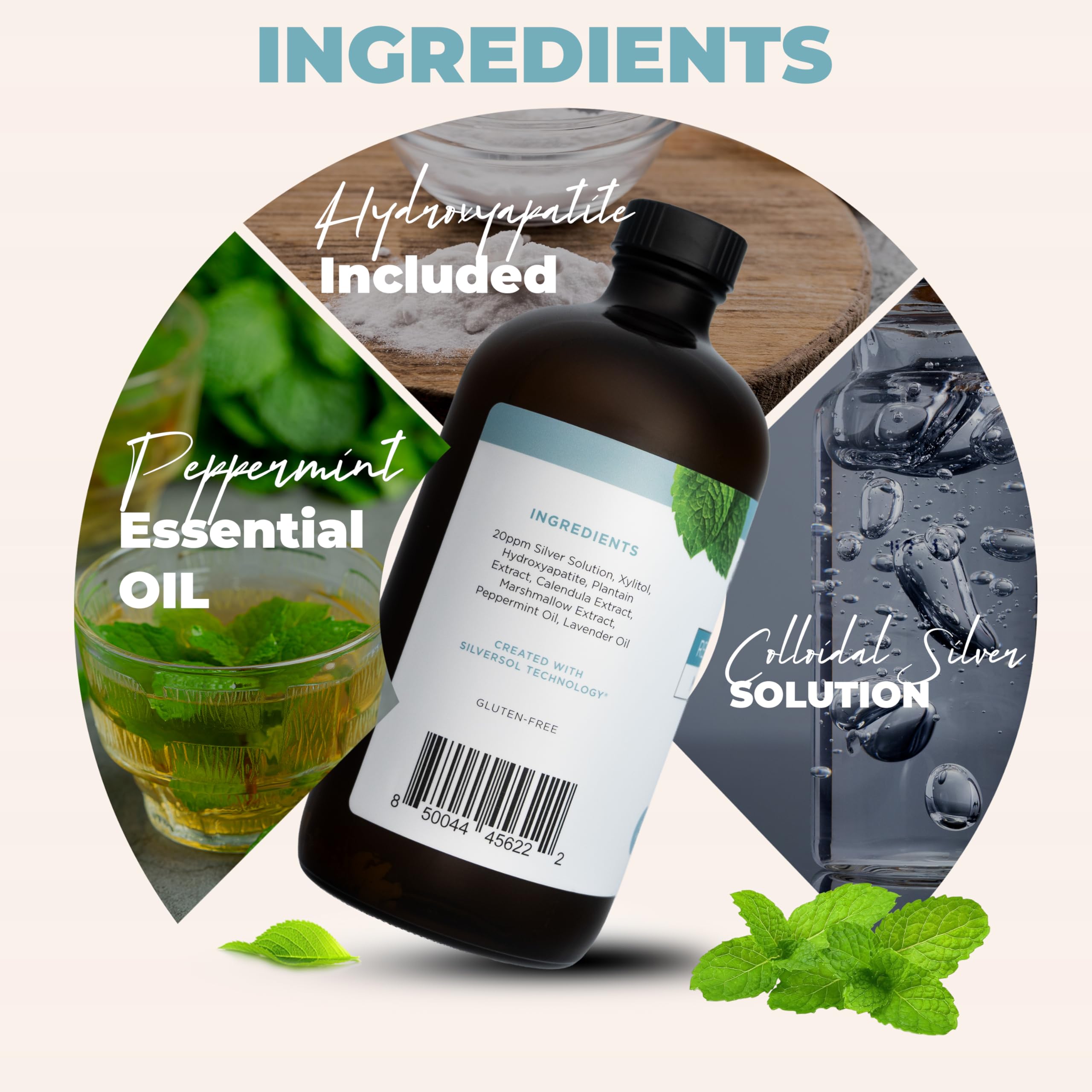 Living Well with Dr. Michelle remineralizing mouthwash in cool mint flavor, showing the bottle with label and mint leaves.