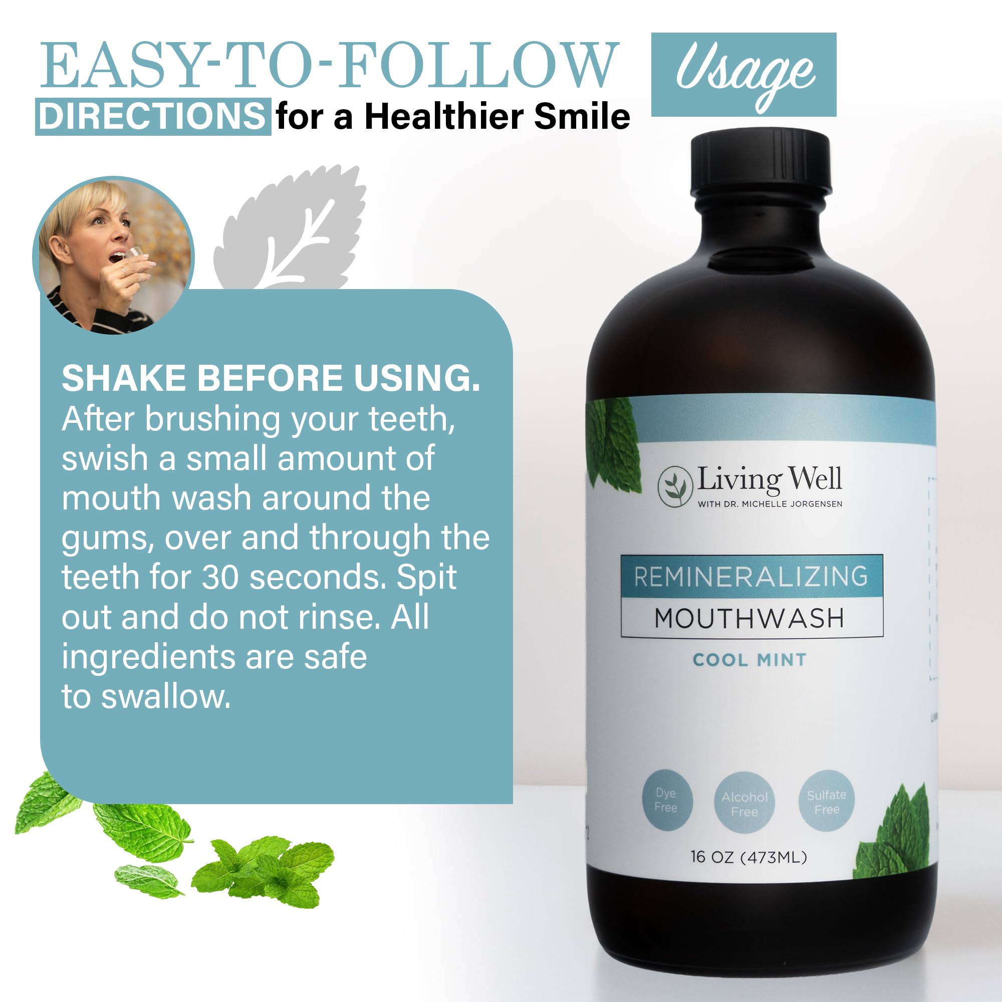 Living Well with Dr. Michelle Remineralizing Mouthwash in Cool Mint, a clear bottle with blue cap and label, on a white background.