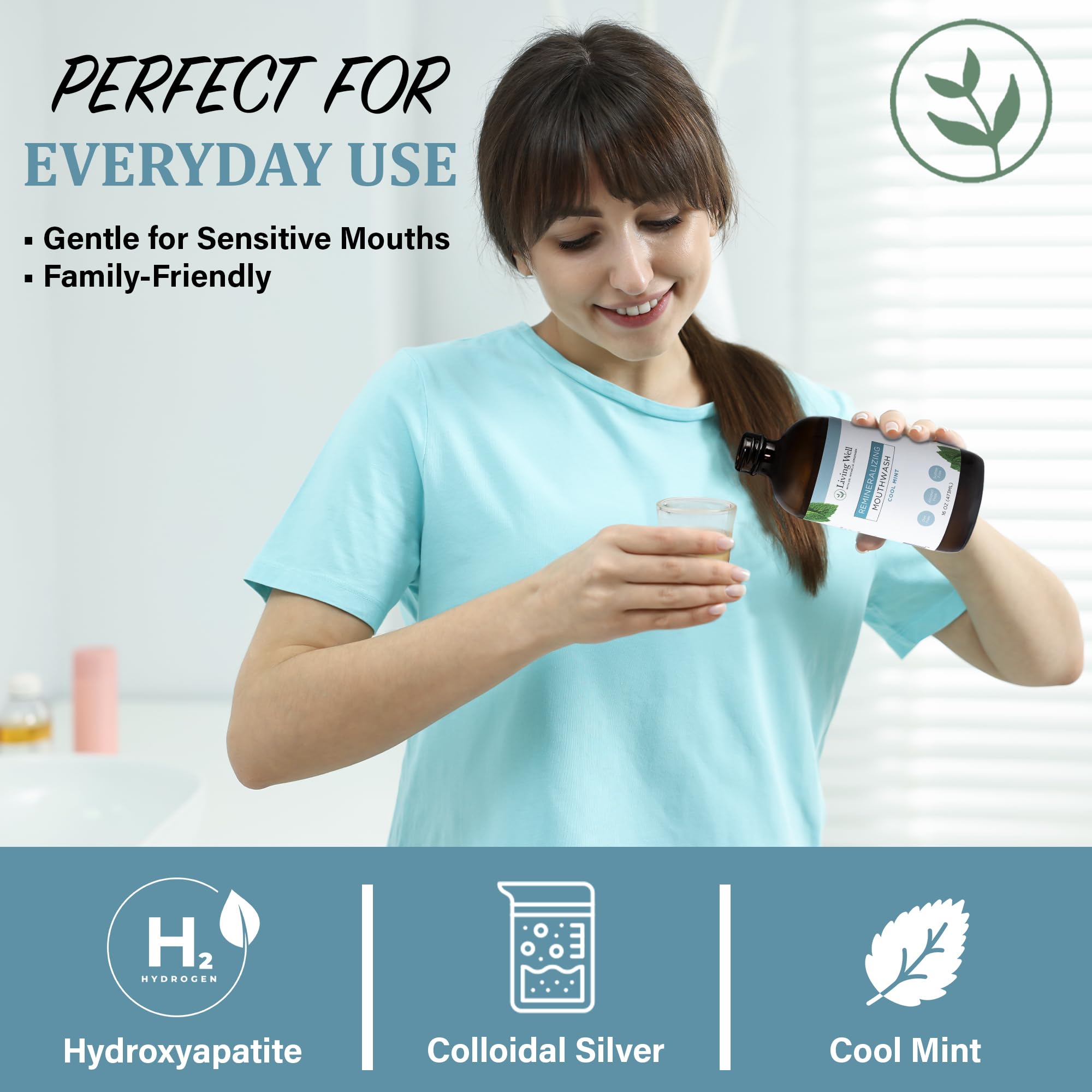 Living Well with Dr. Michelle Remineralizing Mouthwash in Cool Mint, a refreshing oral rinse for healthy teeth and fresh breath.