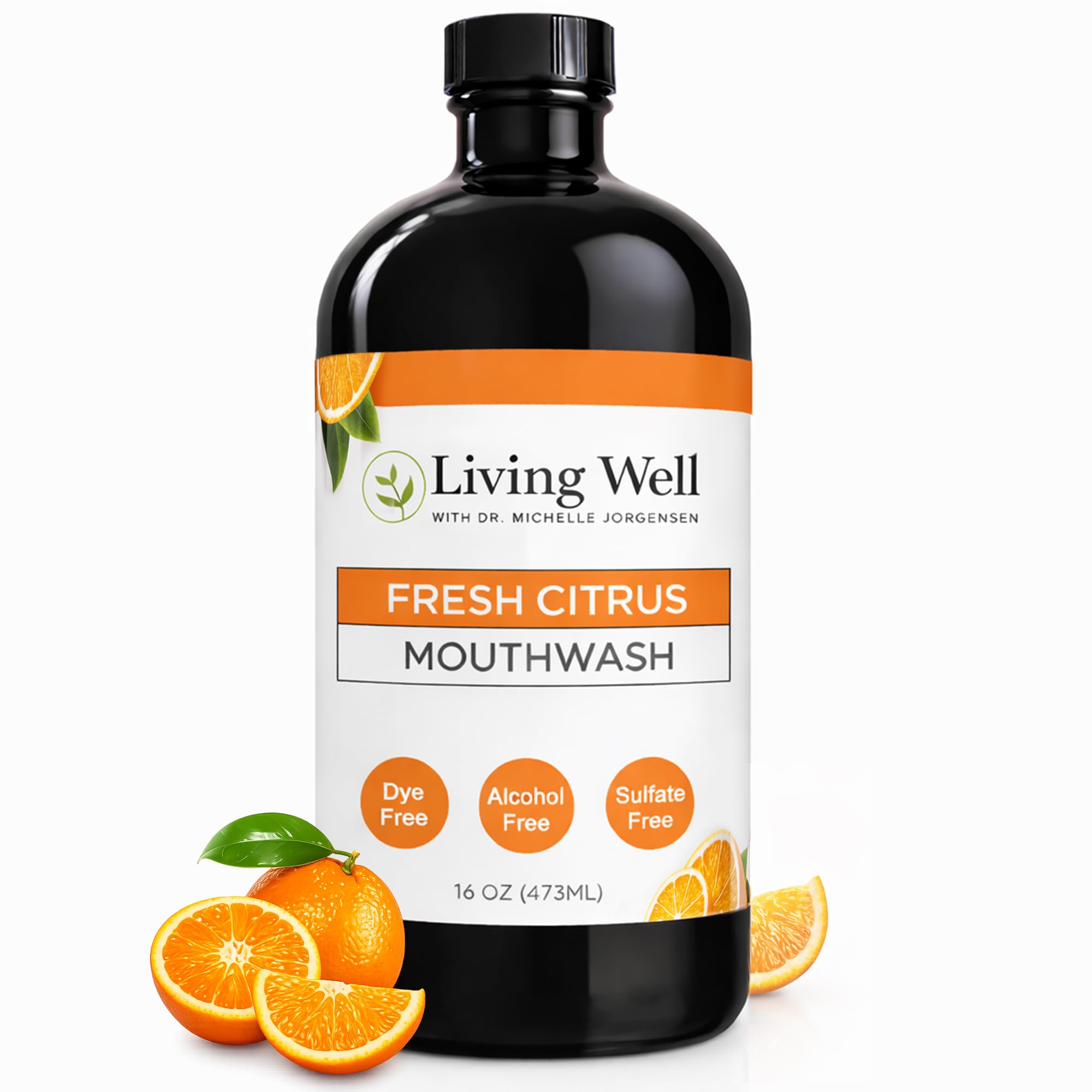 Living Well Remineralizing Mouthwash by Dr. Michelle with fresh citrus flavor, in a clear bottle showing the mouthwash inside.