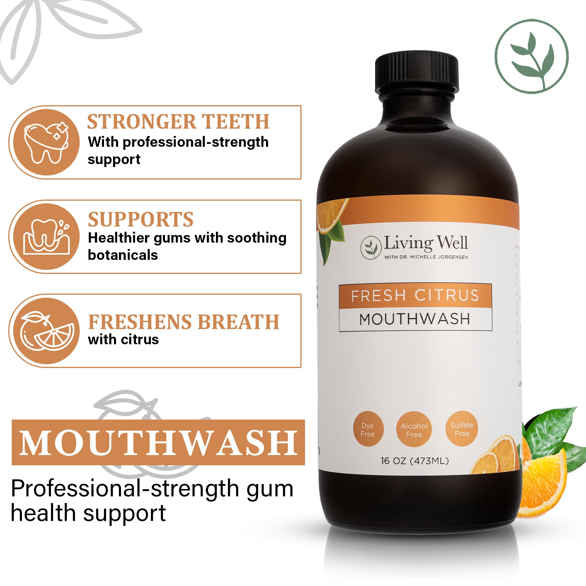 Living Well Remineralizing Mouthwash by Dr. Michelle, fresh citrus flavor, in a clear bottle with a white cap, on a white background.
