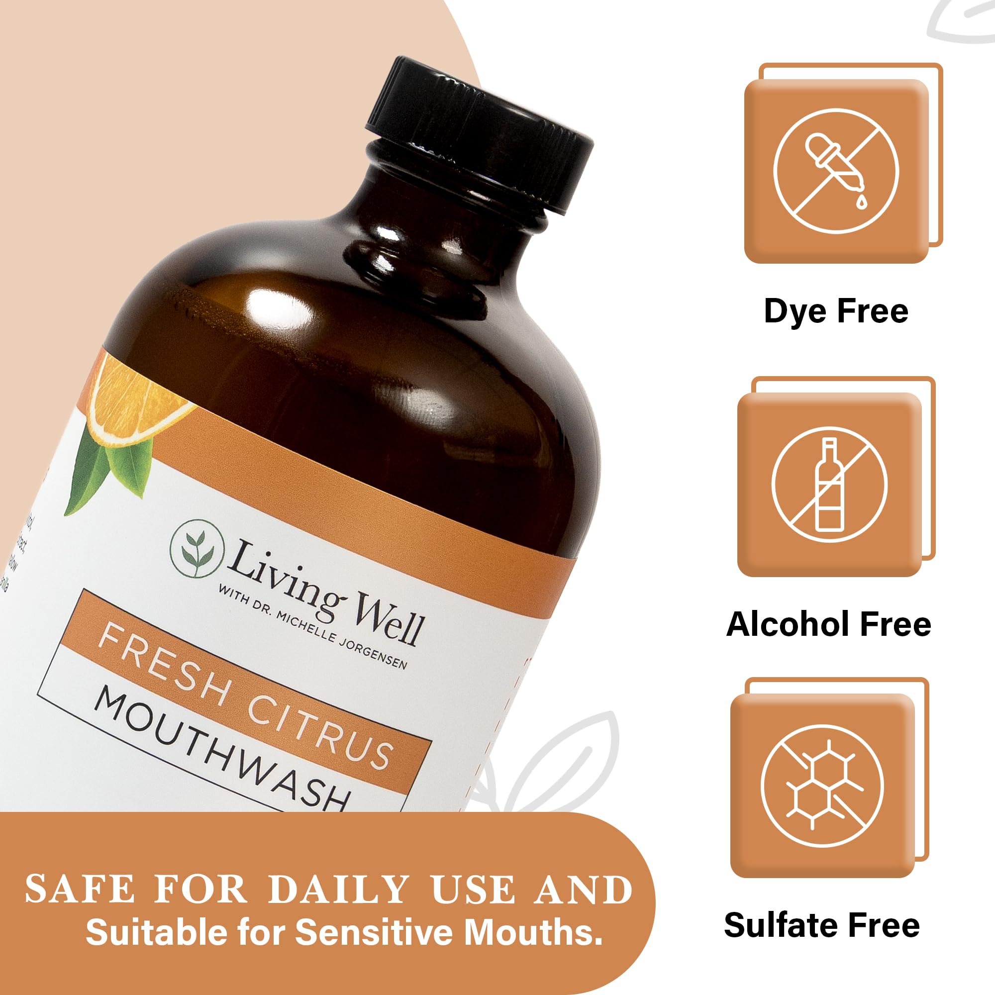 Living Well Remineralizing Mouthwash by Dr. Michelle, Fresh Citrus flavor, clear bottle showing the mouthwash inside.