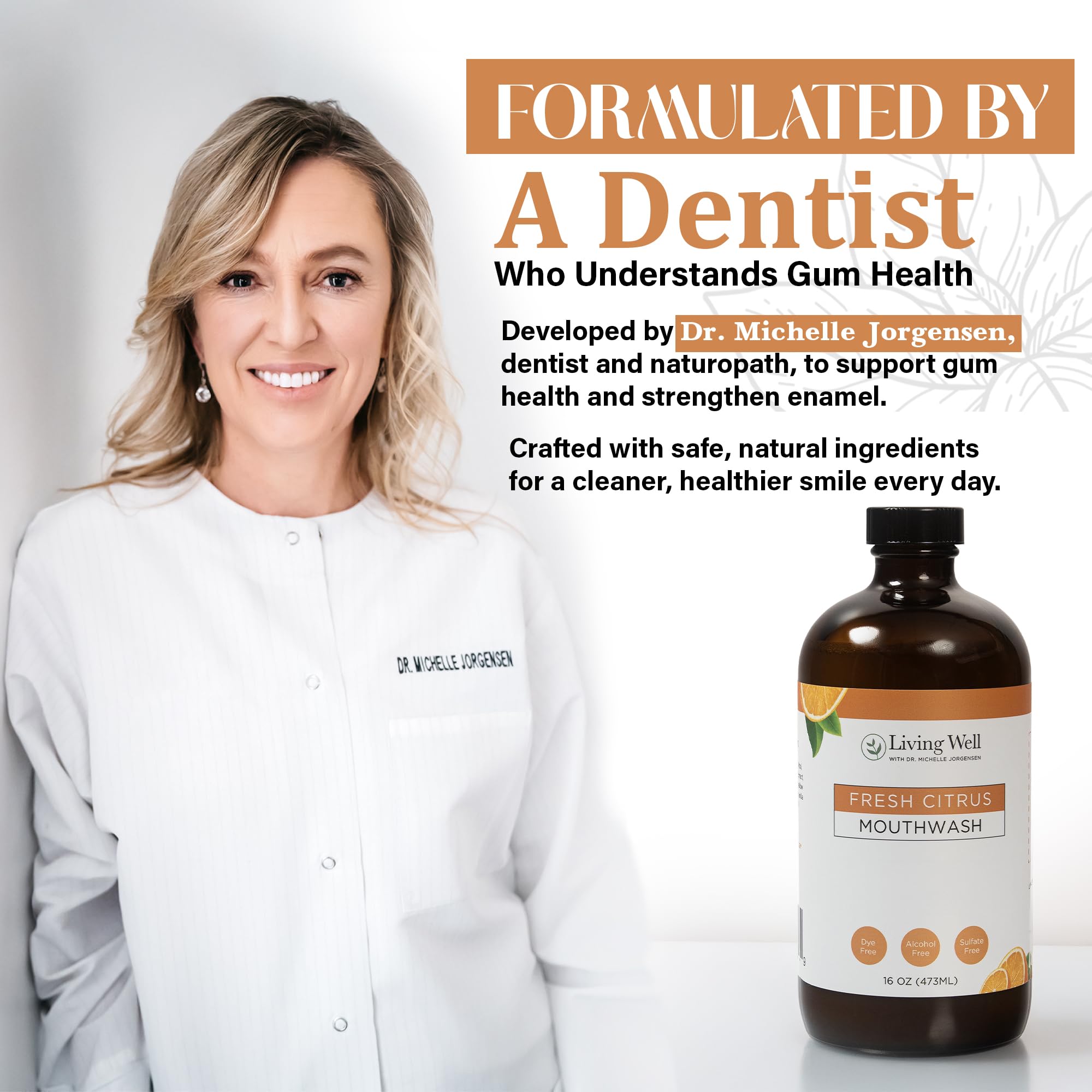 Living Well Remineralizing Mouthwash by Dr. Michelle in Fresh Citrus flavor, showing the mouthwash bottle with citrus imagery.