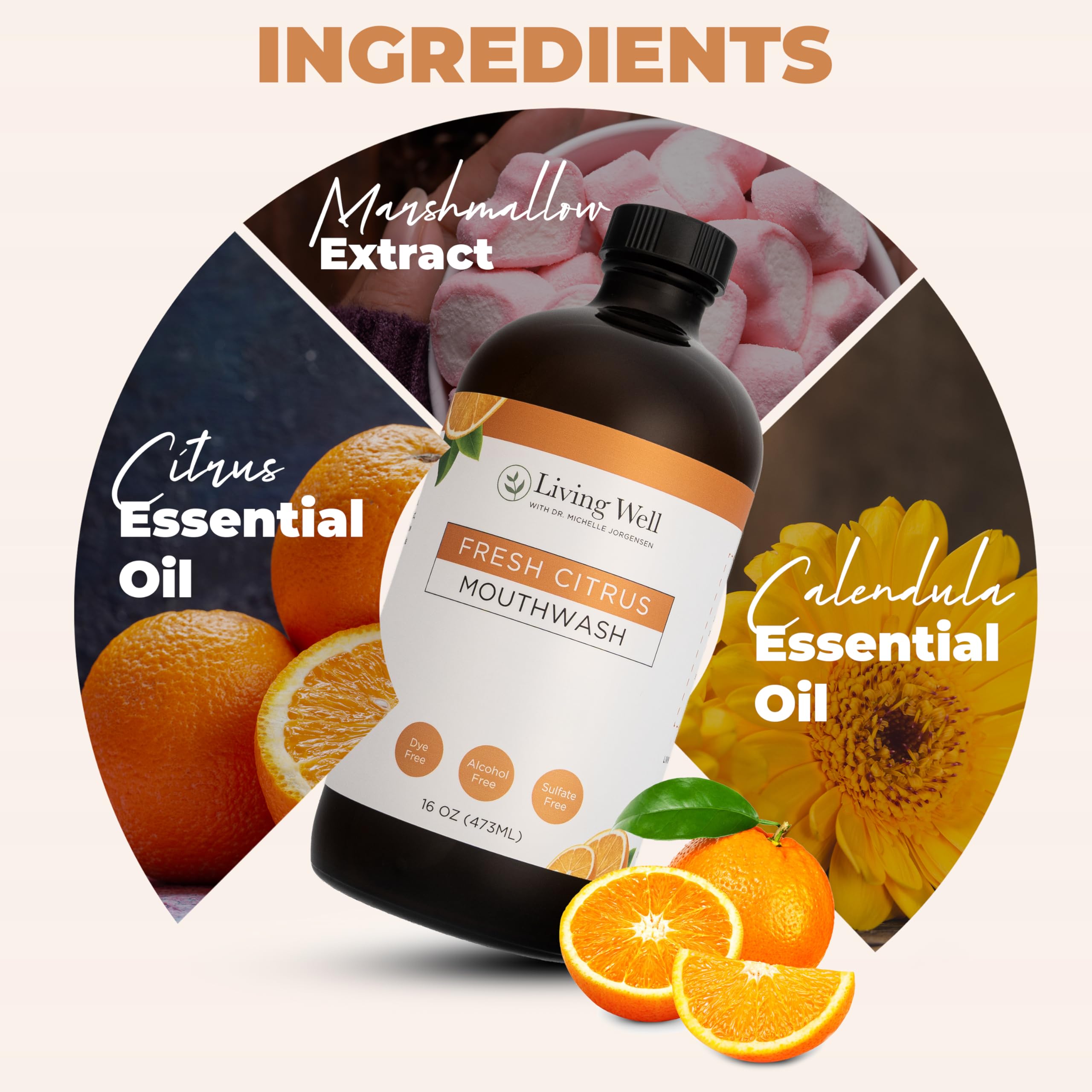 Living Well Remineralizing Mouthwash by Dr. Michelle with fresh citrus flavor, showing the bottle and label.
