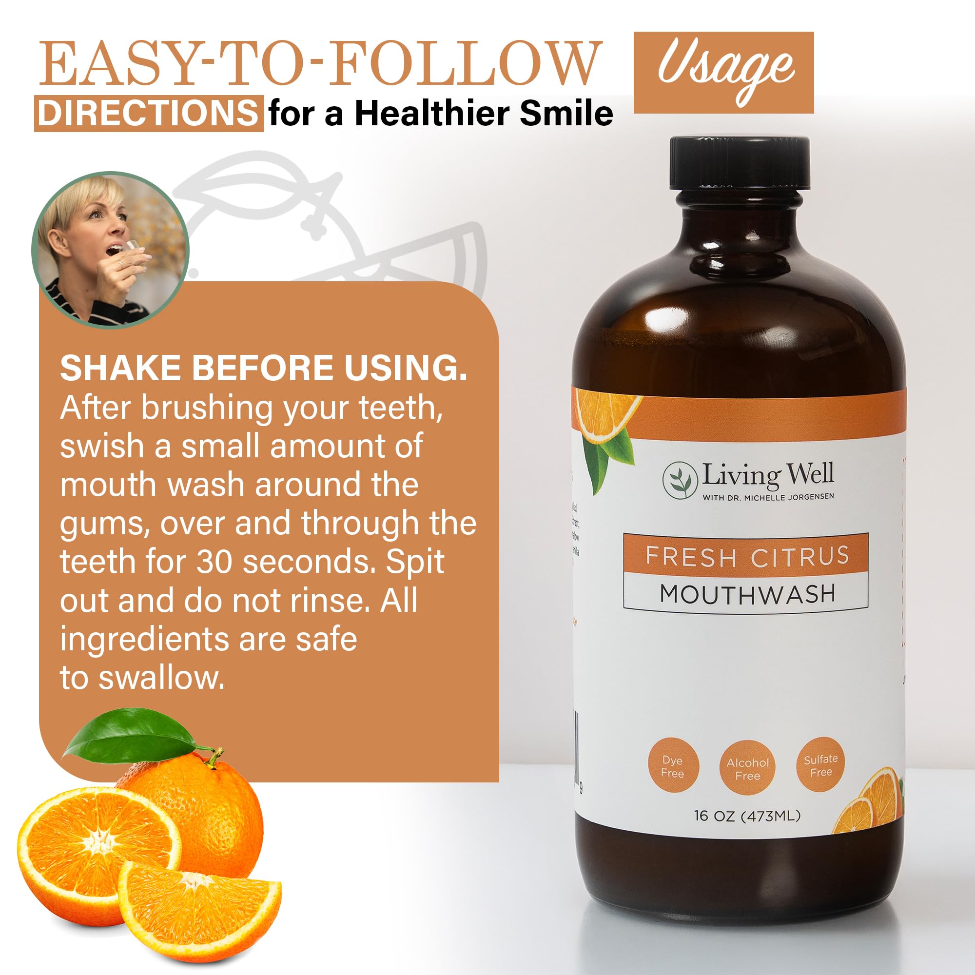 Living Well Remineralizing Mouthwash with Fresh Citrus flavor, featuring a clear bottle with label and citrus fruits in the background.