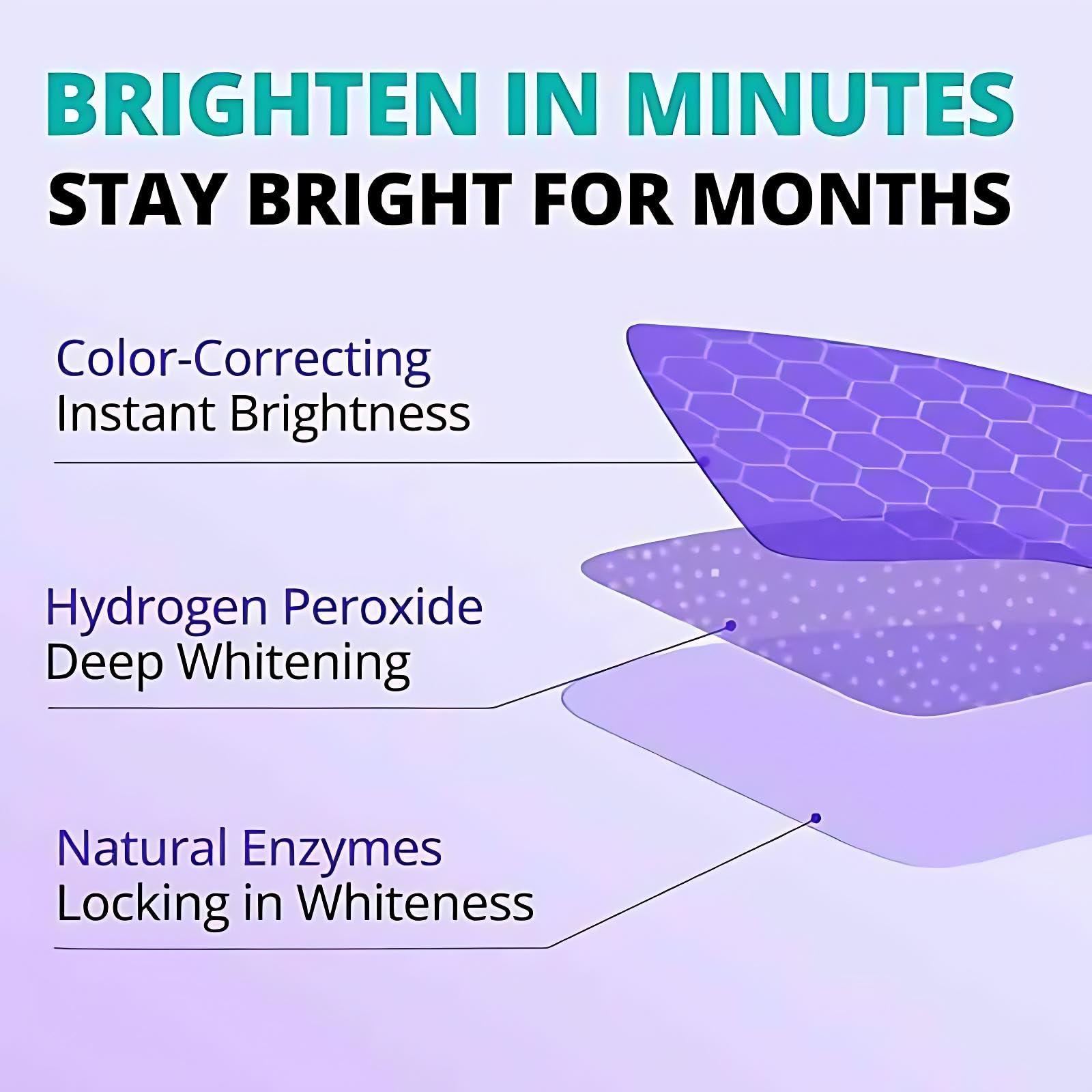 LLQ Purple Whitening Strips for teeth, color correct, 14 treatments, tooth whitener product with purple packaging and strips laid out.