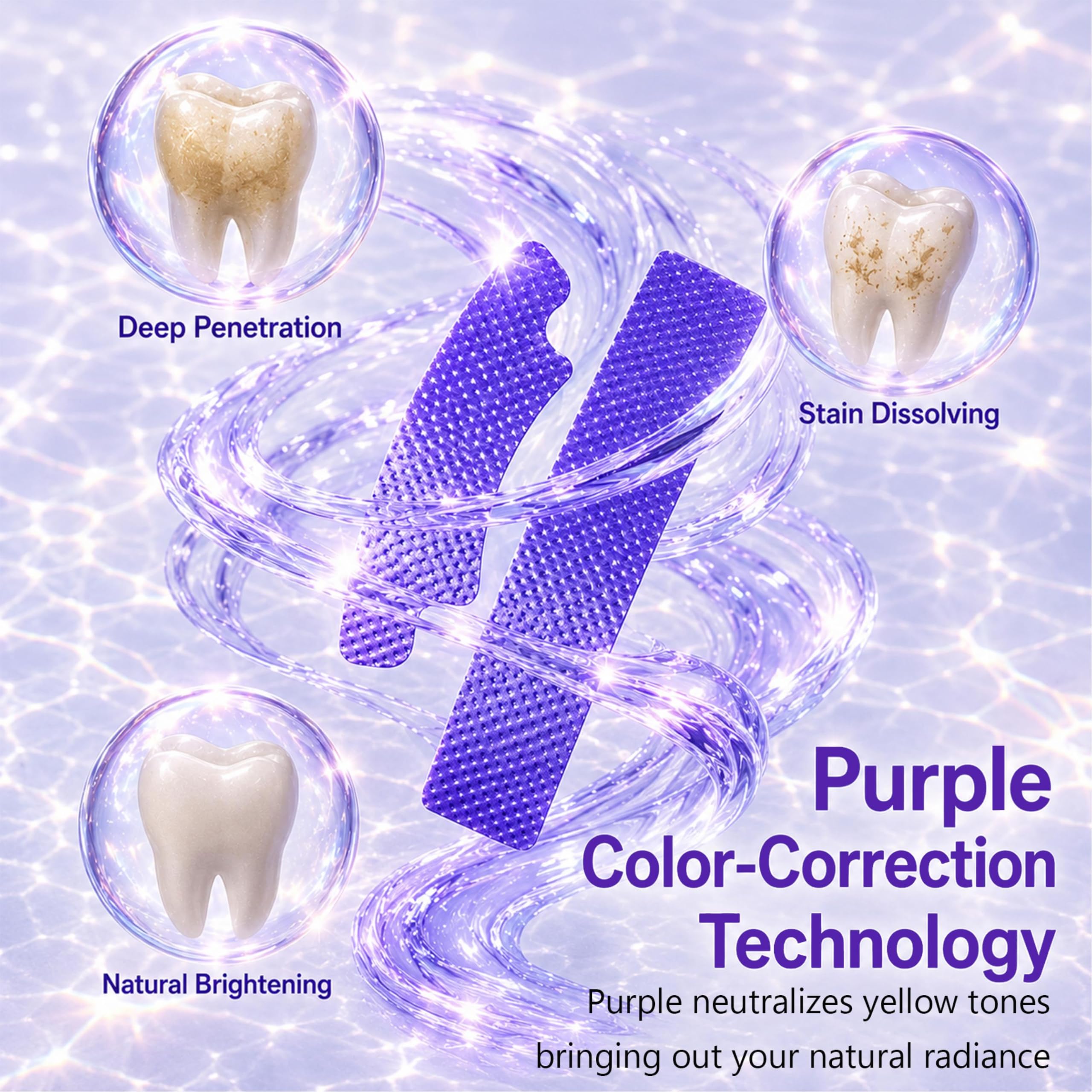 LLQ Purple Whitening Strips for teeth whitening, color correction, 14 treatments, dental tooth whitener product on a white background.
