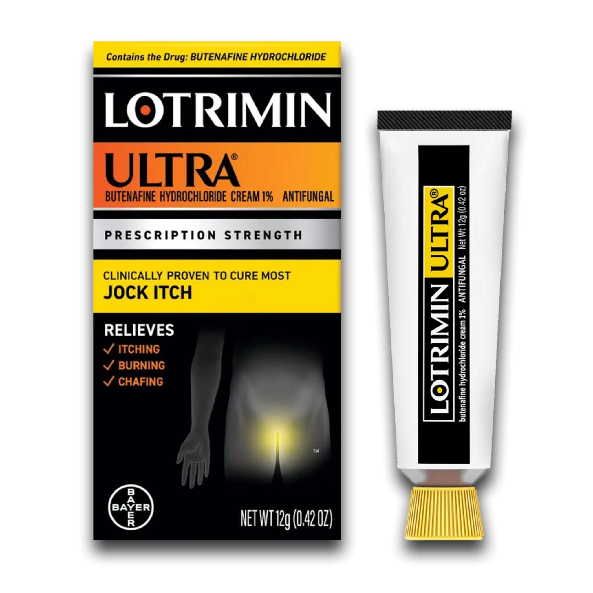 Lotrimin Ultra Jock Itch Cream with butenafine, 0.42 oz, medication for fungal skin infections on the groin area.