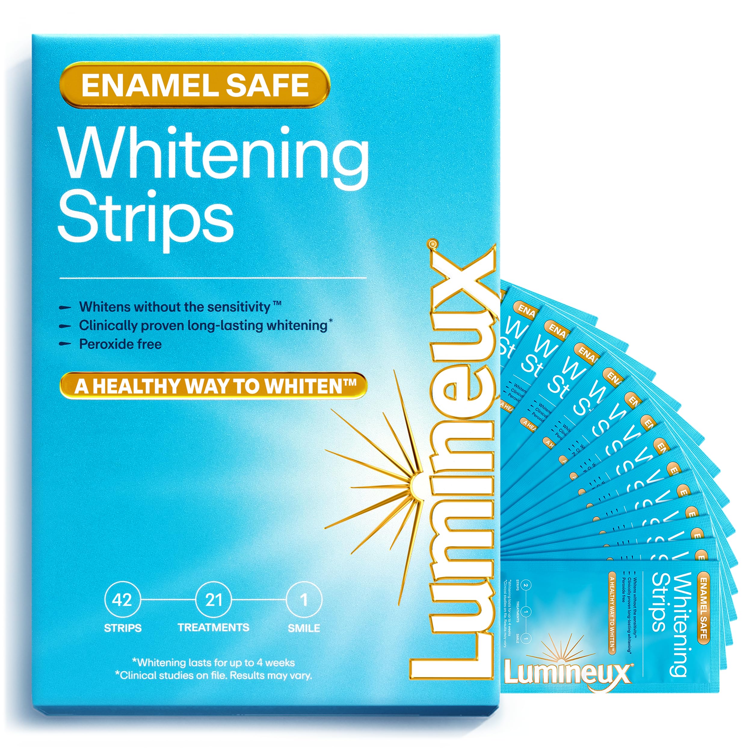 Lumineux whitening strips for teeth, peroxide-free, with 21 treatments, shown applying to a bright smile.