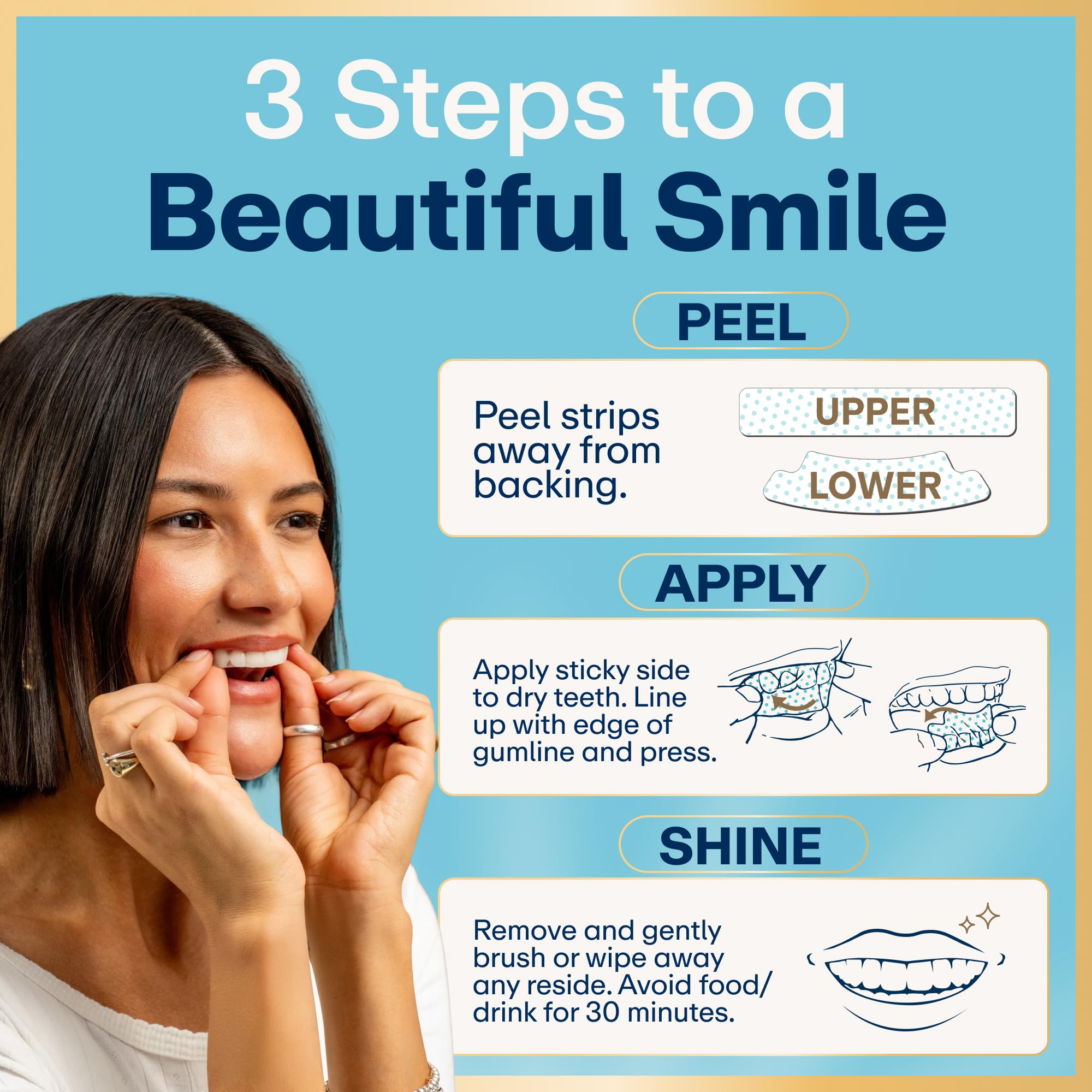 Lumineux Whitening Strips for teeth, peroxide-free, with 21 treatments, showing the strips applied to teeth in the image.