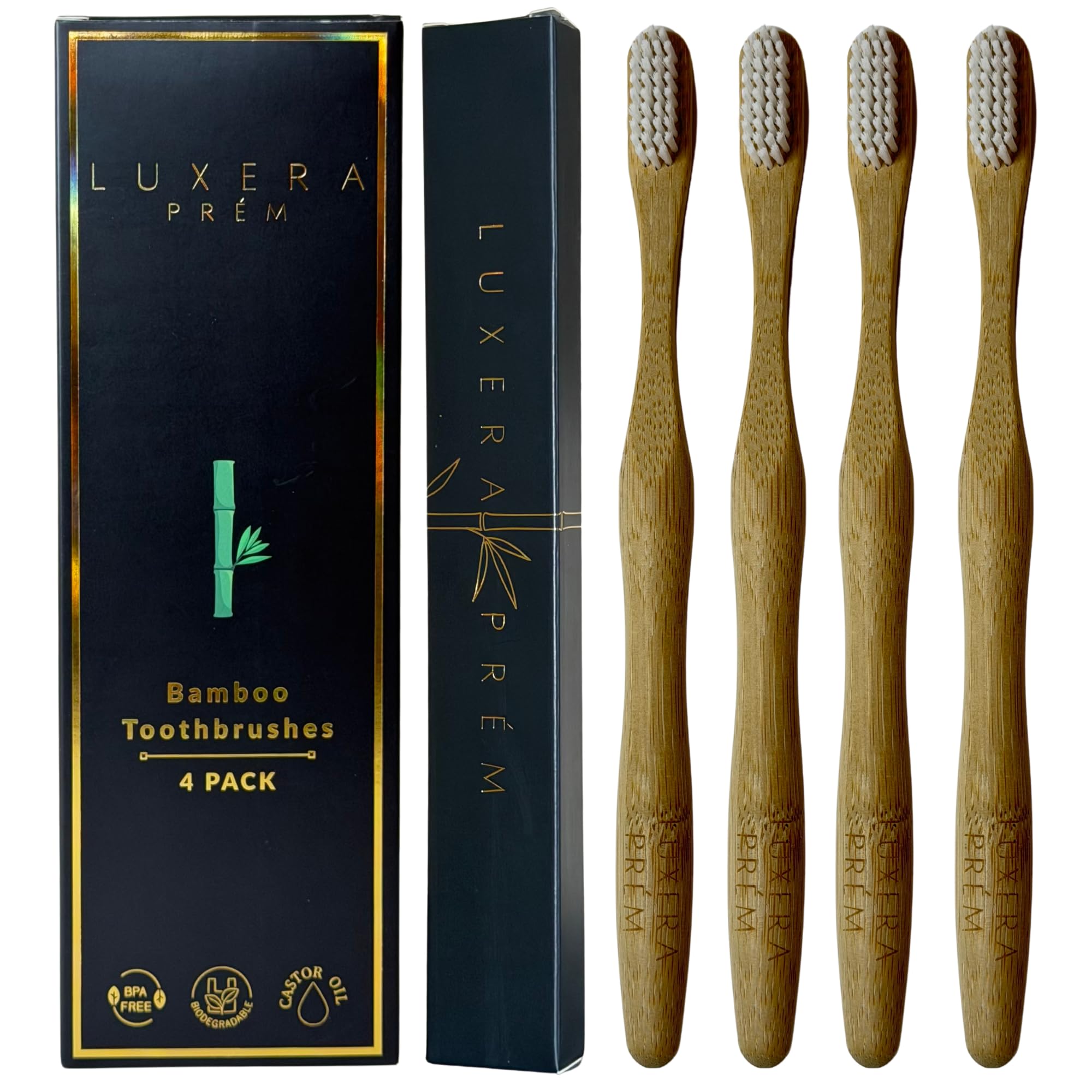 LUXERA PRÉM Castor Oil bamboo toothbrush 4-pack, eco-friendly toothbrushes with natural bamboo handles and soft bristles.