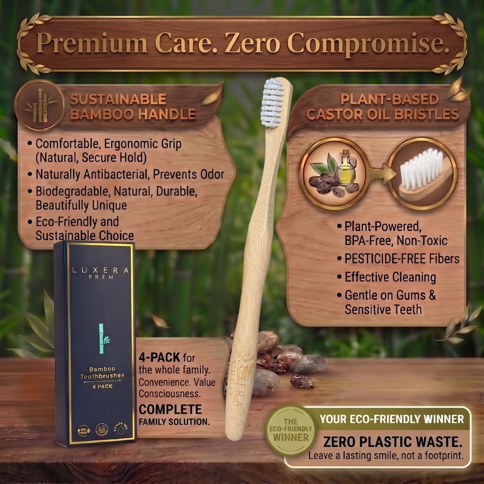 LUXERA PRÉM Castor Oil Bamboo Toothbrush 4-pack showing eco-friendly bamboo handle and soft bristles for oral care.