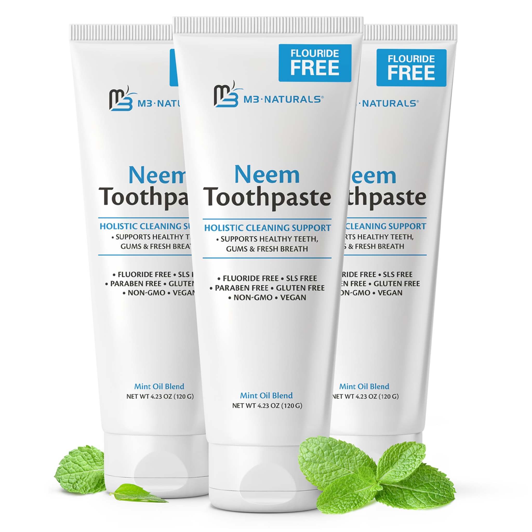 M3 Naturals Neem Toothpaste fluoride-free mint in a 3-pack, natural tooth cleaning agent with fresh mint flavor.