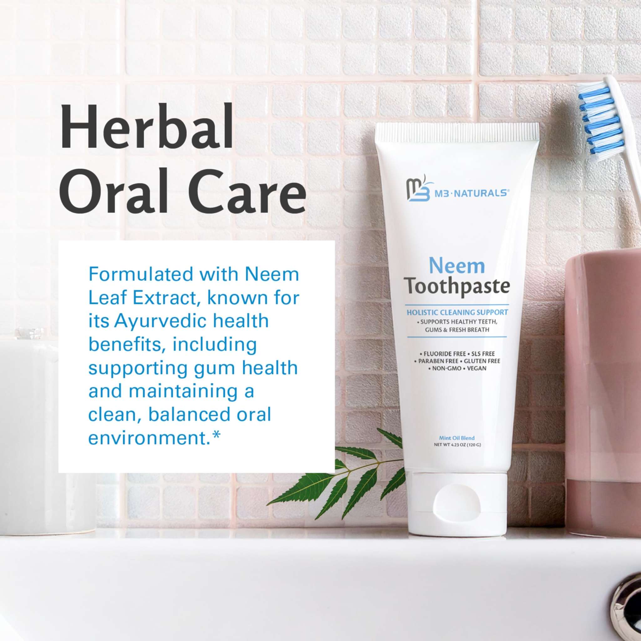 M3 Naturals Neem Toothpaste fluoride-free mint, 3-pack, natural tooth cleaning agent for fresh breath and oral health.