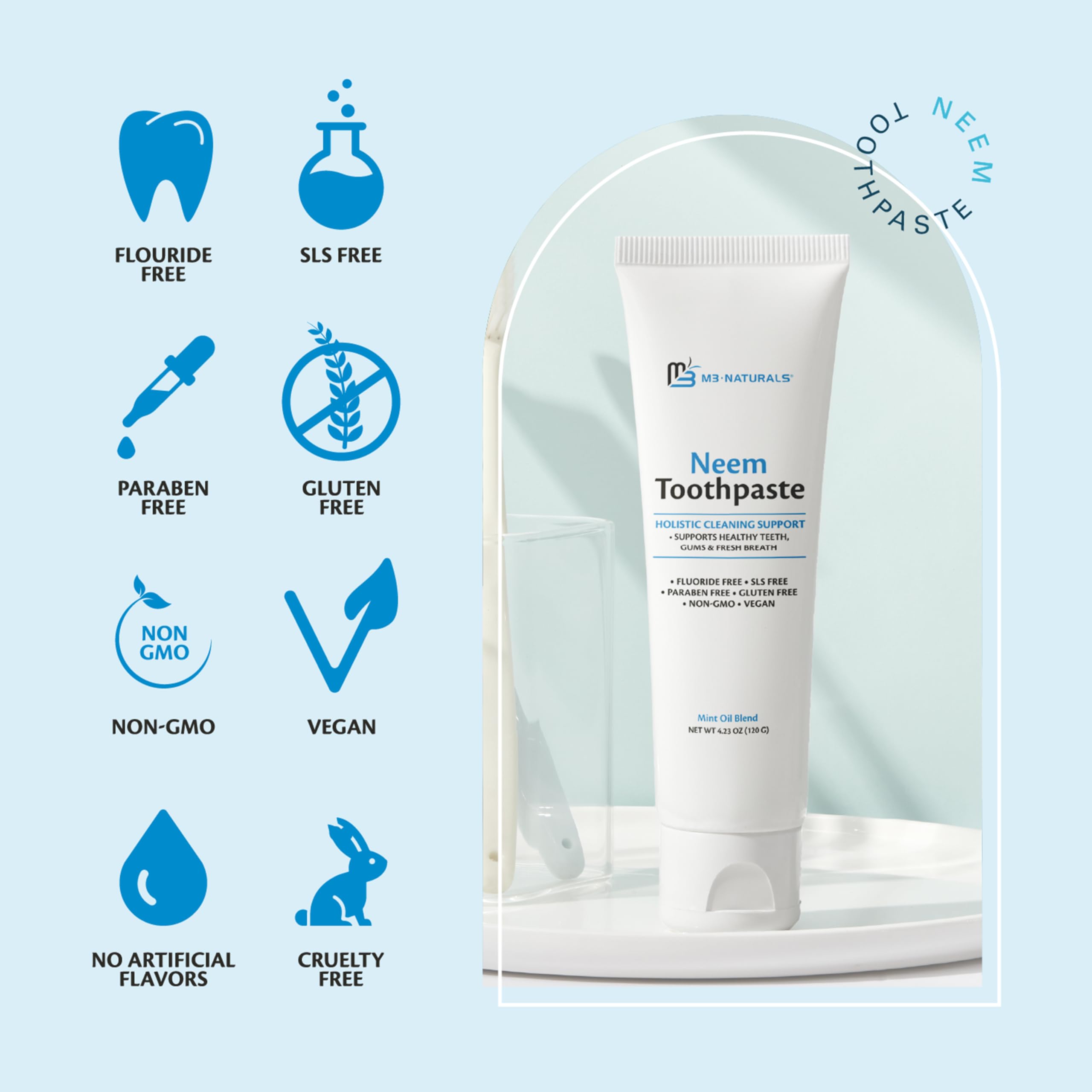 M3 Naturals Neem Toothpaste fluoride-free mint, 3-pack, natural tooth cleaning agent in tube with mint flavor, suitable for oral hygiene.