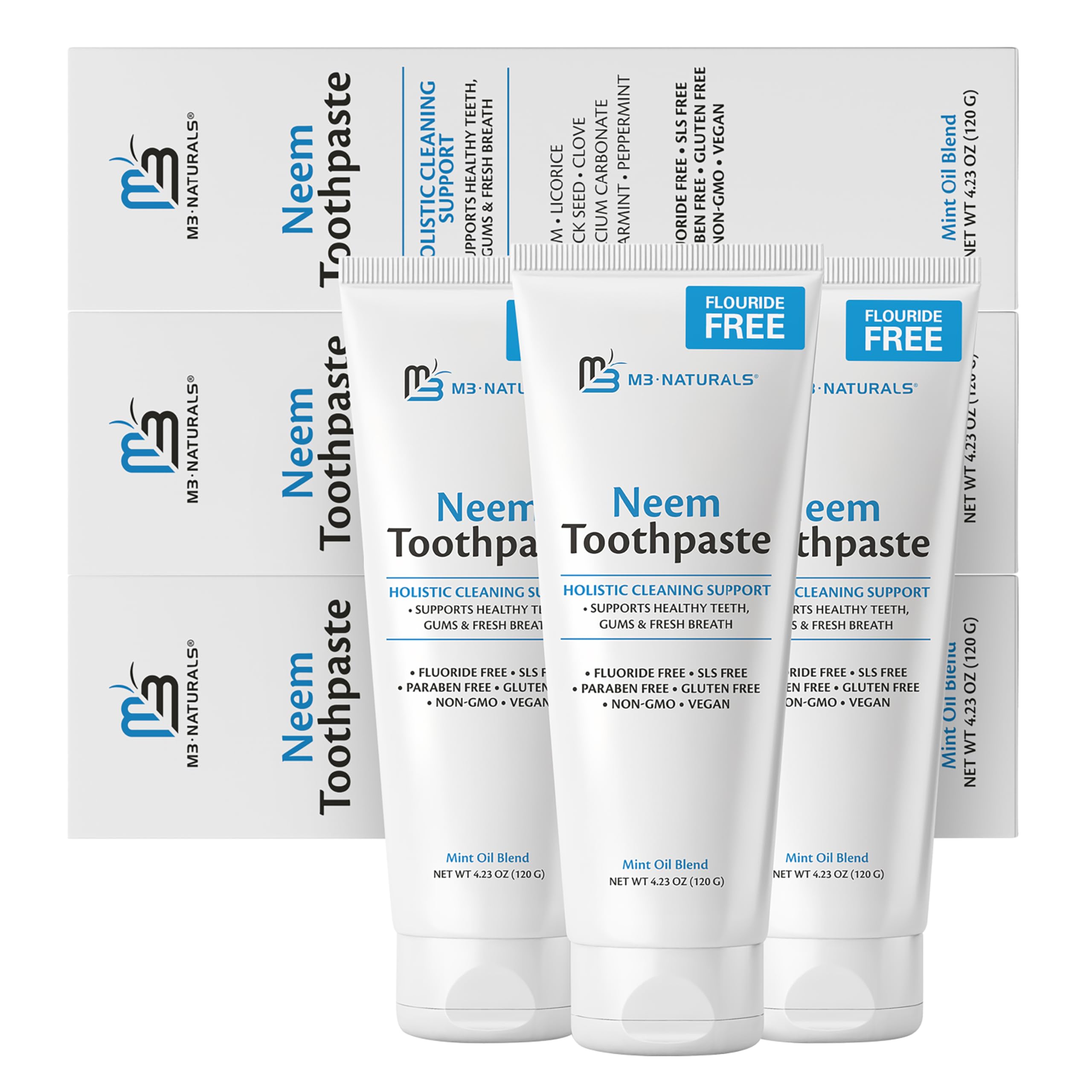 M3 Naturals Neem Fluoride-Free Mint Toothpaste 3-pack, natural oral care product with refreshing mint flavor and neem extract.