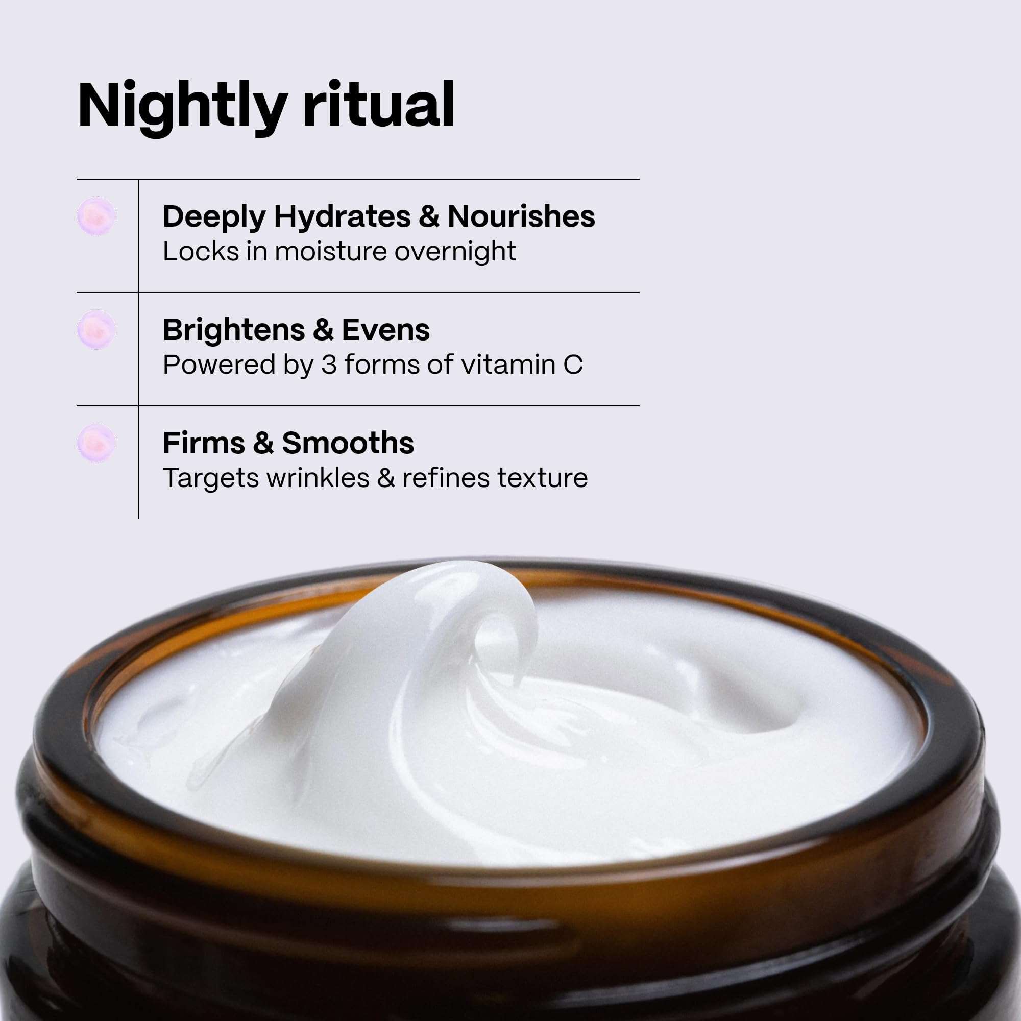 Mad Hippie Triple C Night Cream, vitamin C moisturizer in a 2.1oz jar, with a smooth cream texture for skin hydration and brightening.