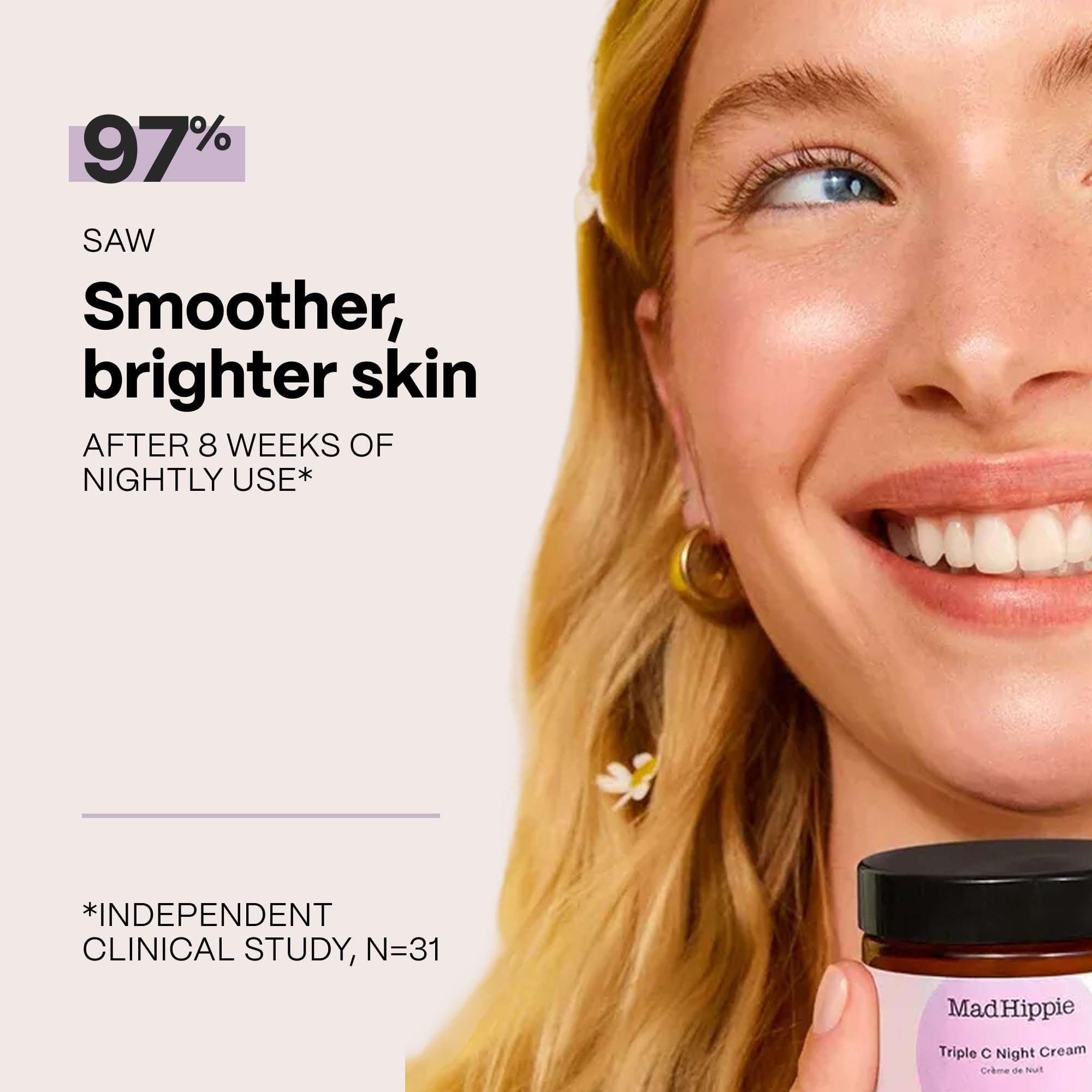 Mad Hippie Triple C Night Cream, a vitamin C moisturizer in a 2.1oz jar, showing the cream's smooth texture and packaging