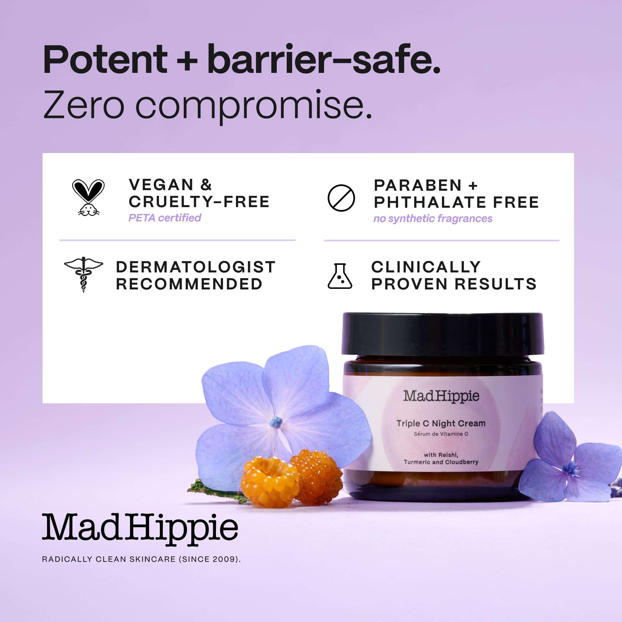 Mad Hippie Triple C Night Cream vitamin C moisturizer jar, 2.1oz, with a clean, minimalist design and product label visible.