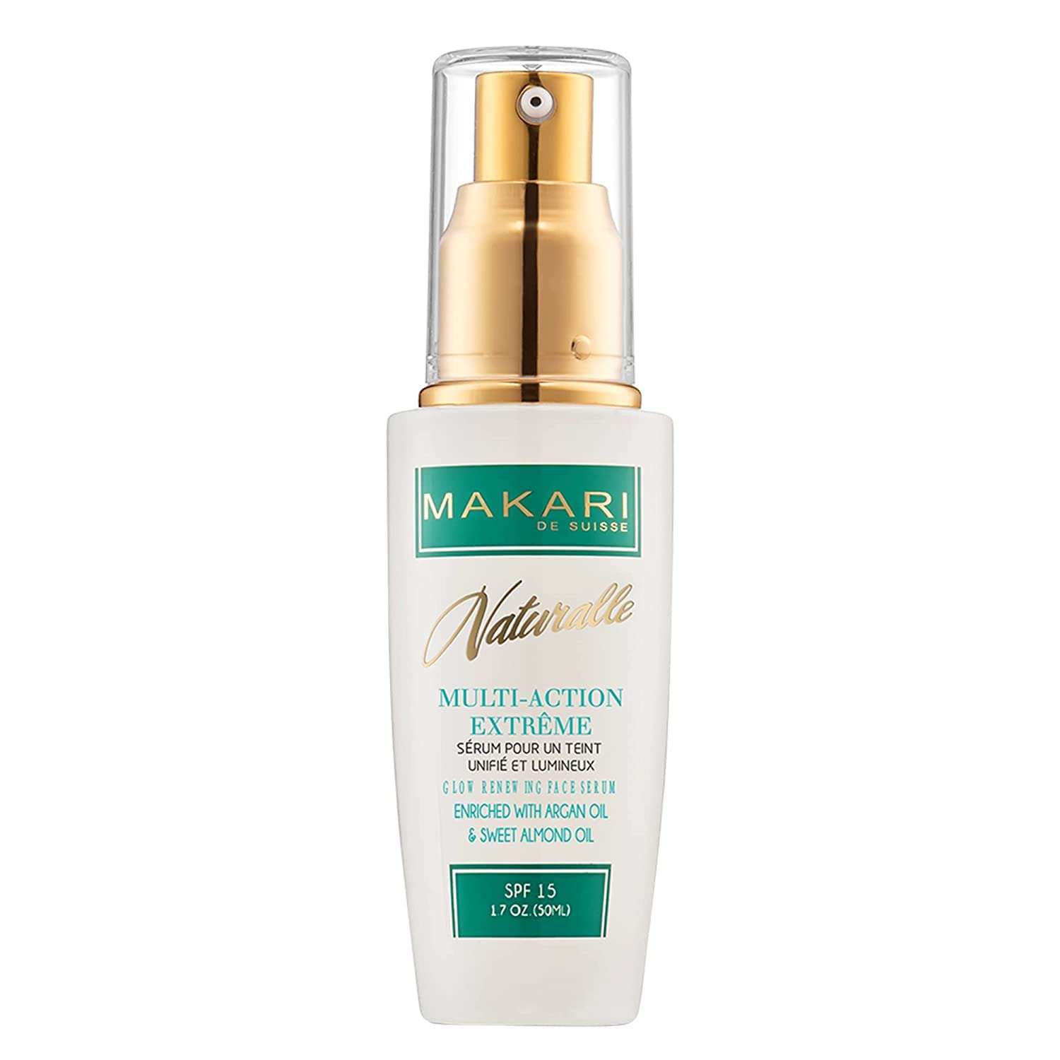 Makari Naturalle Brightening Serum with Argan Oil SPF15 in a 1.7oz bottle, showcasing the luxurious skincare product.