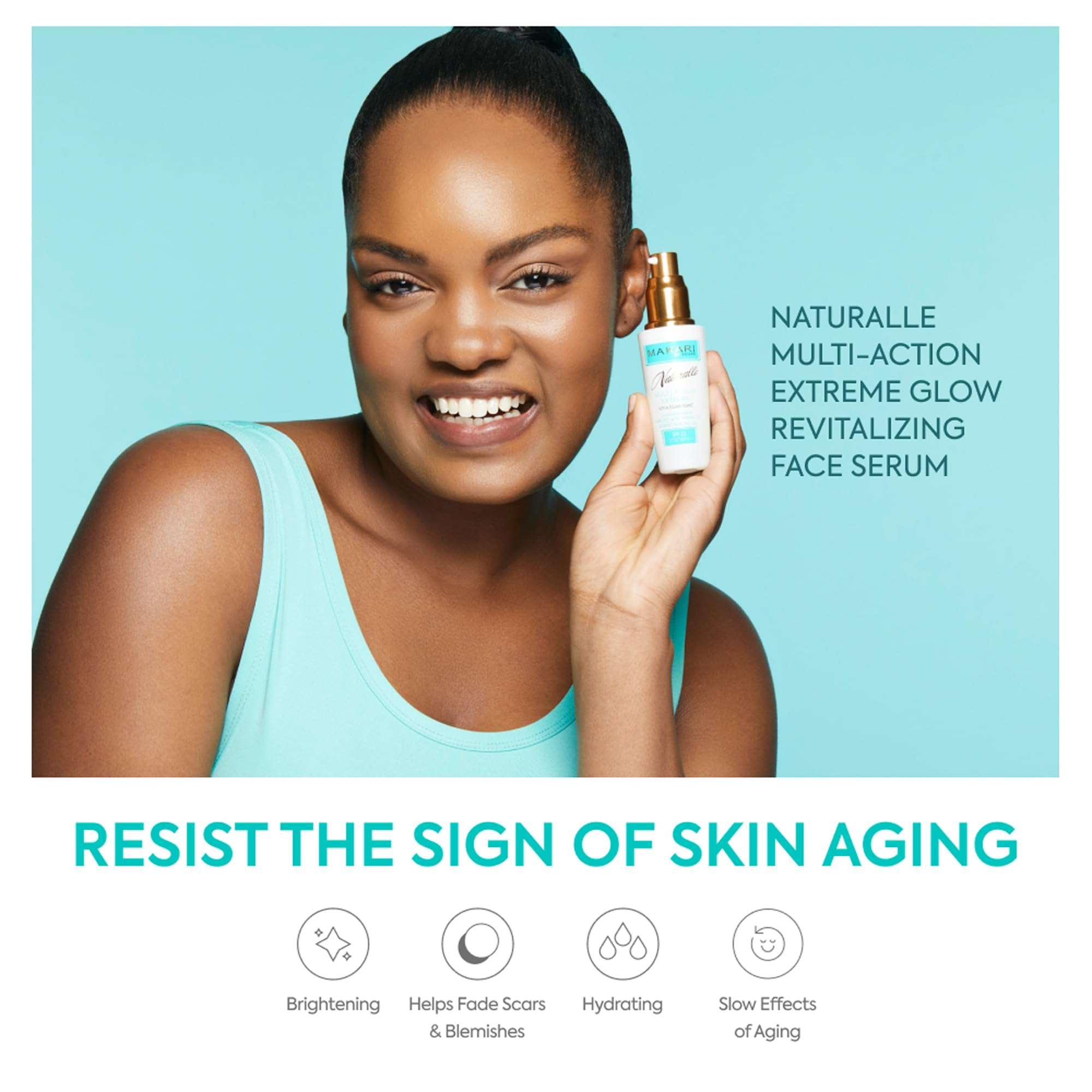 Makari Naturalle Brightening Skin Serum with Argan Oil SPF15 in a 1.7oz bottle, showcasing the serum and packaging.
