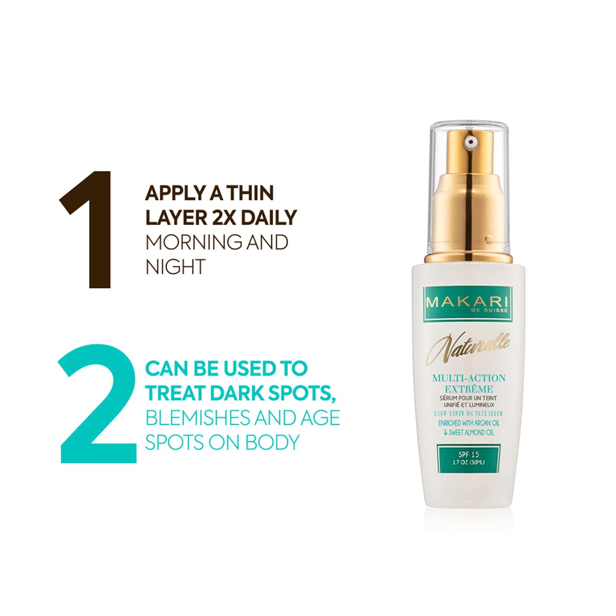 Makari Naturalle Brightening Skin Serum with Argan Oil and SPF15 in a 1.7oz bottle, designed for radiant skin and sun protection.