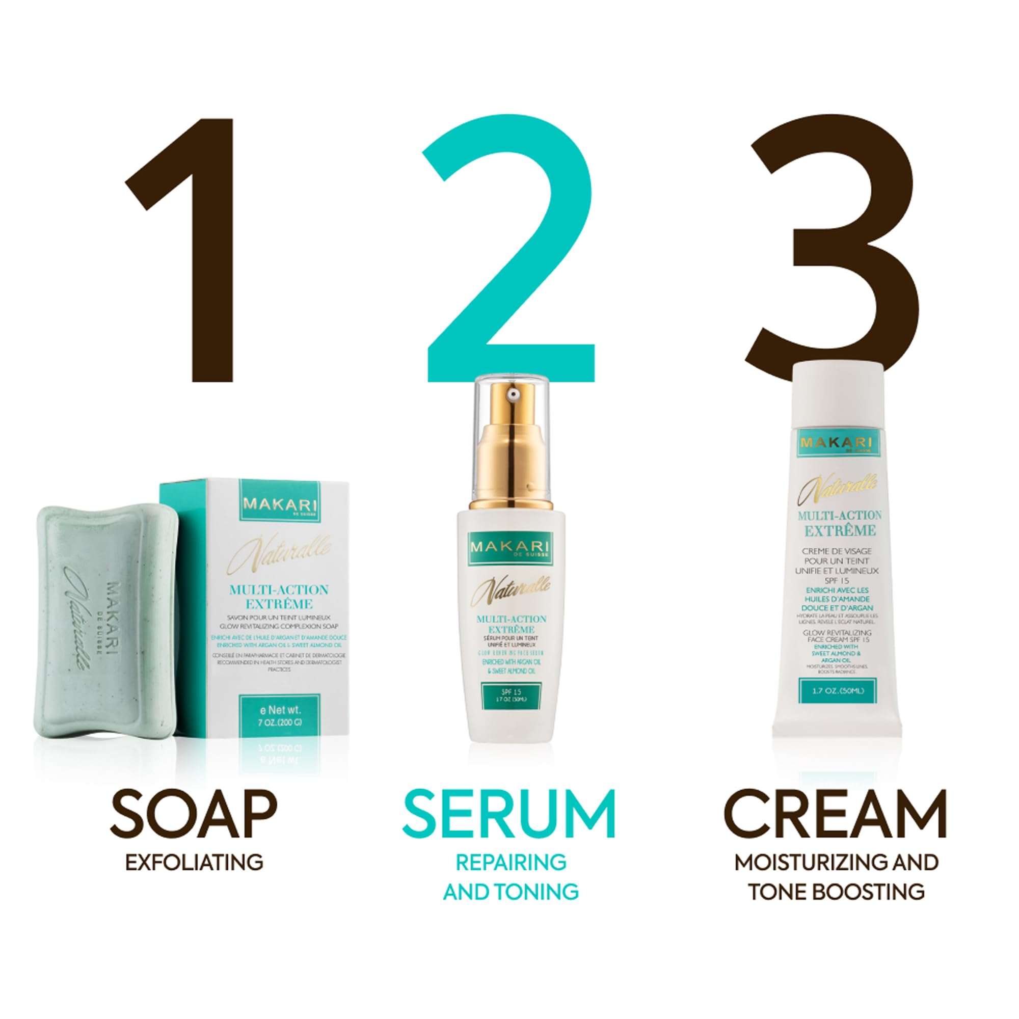 Makari Naturalle Brightening Serum with Argan Oil and SPF15, 1.7oz, featuring a clear bottle and dropper applicator.