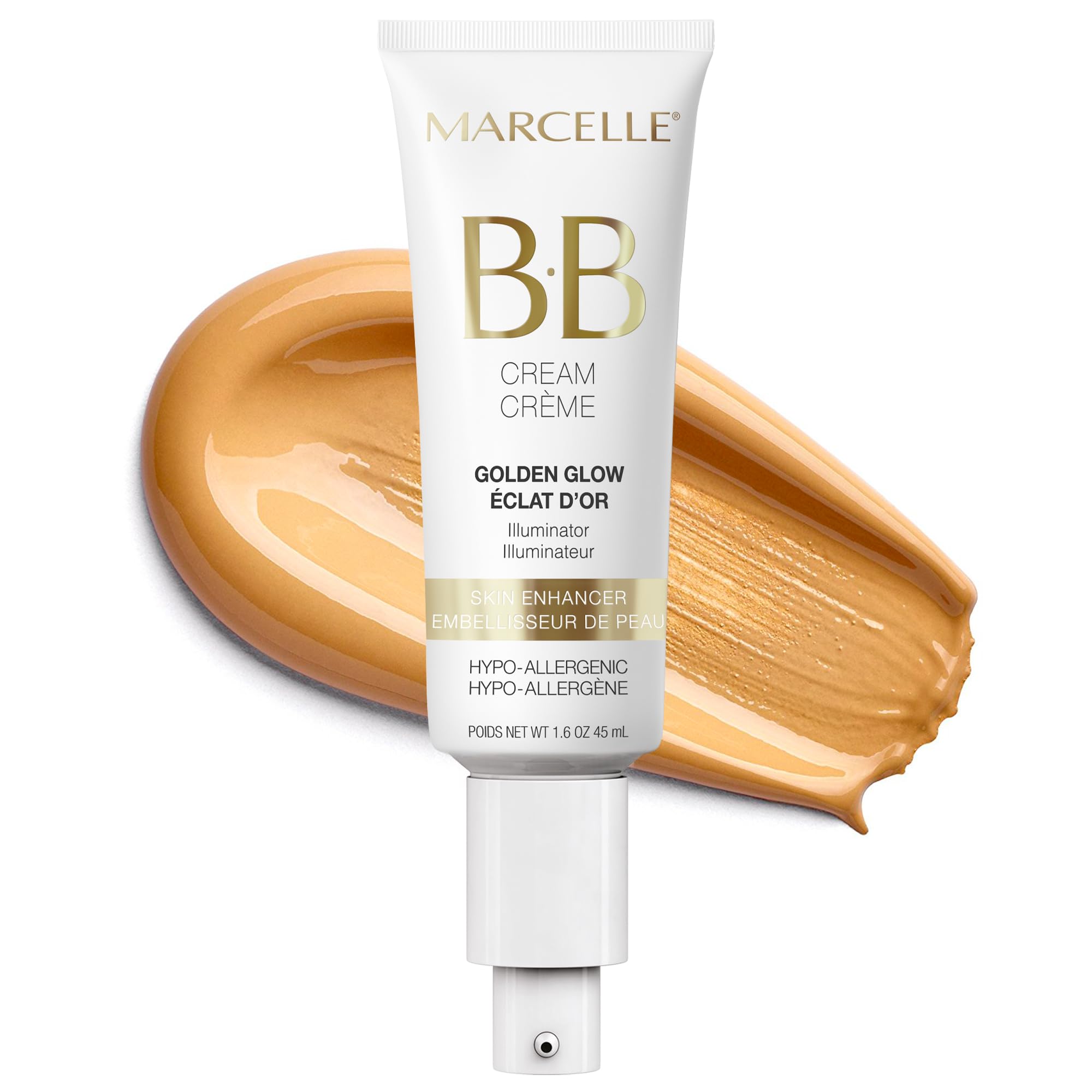 Marcelle BB Cream Golden Glow 8-in-1 tinted balm in a compact jar, showcasing its creamy texture and golden shade.