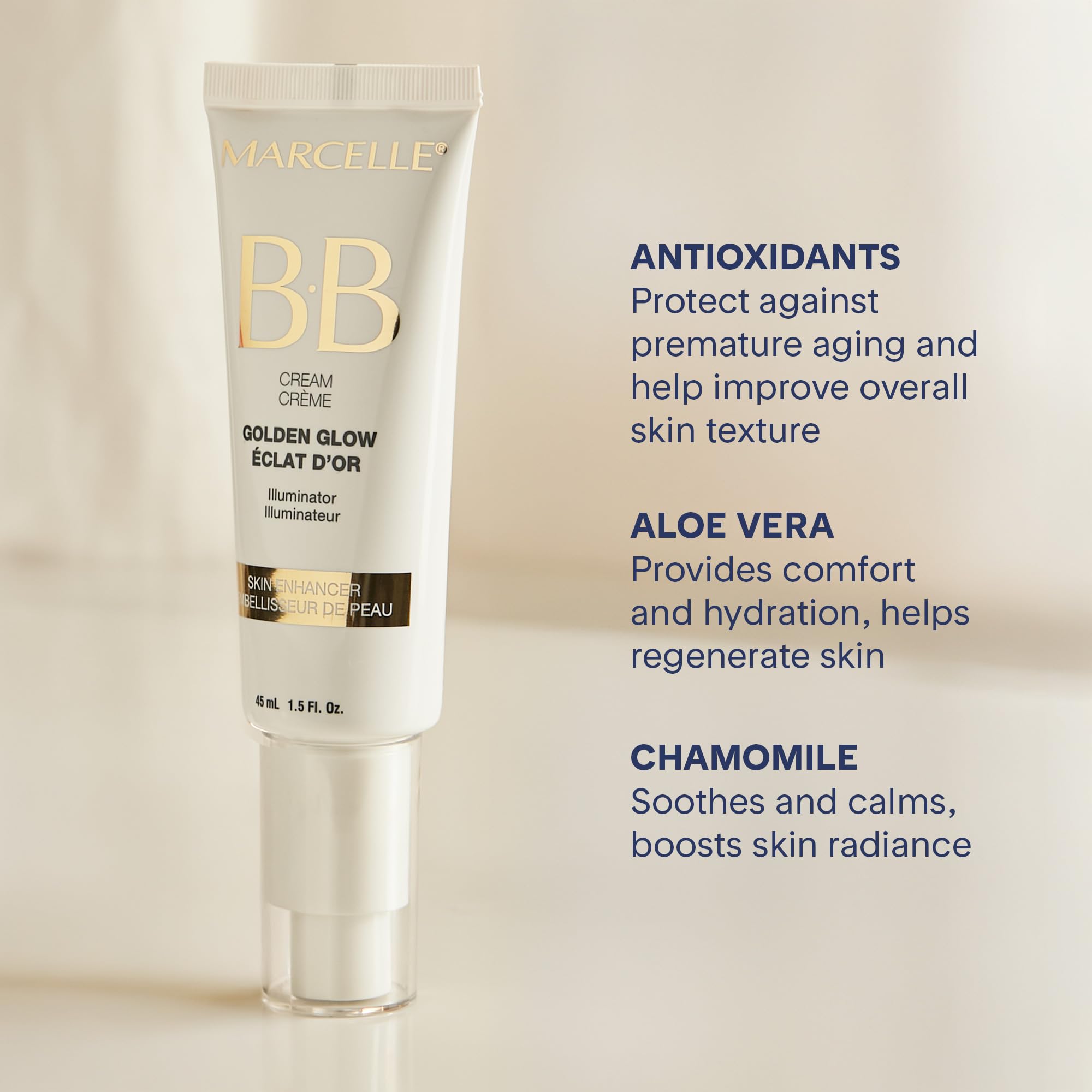 Marcelle BB Cream Golden Glow 8-in-1 tinted balm in a compact container, showcasing its creamy texture and golden shade.