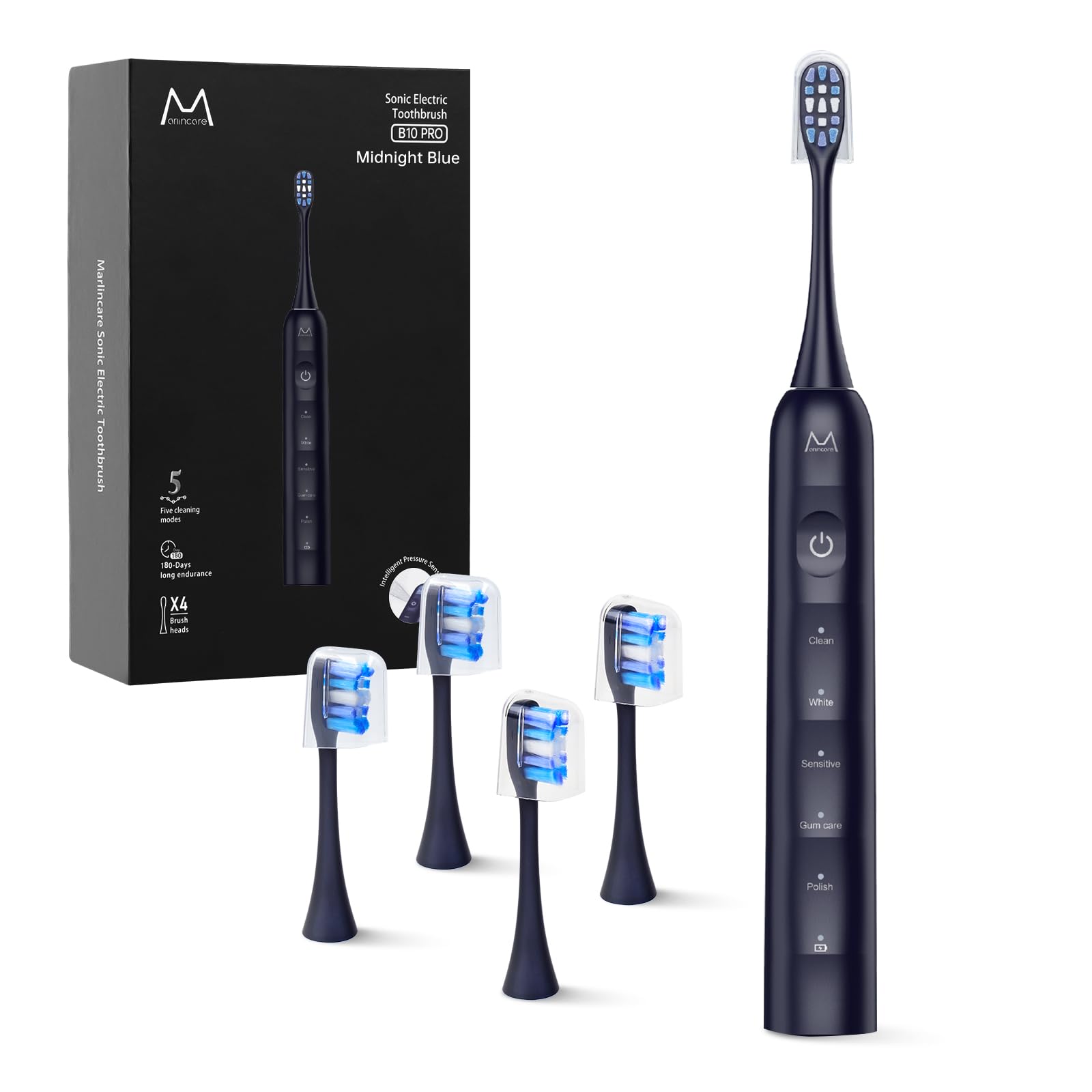 Marlincare Sonic Electric Toothbrush with 180-day battery and 5 brushing modes, featuring a sleek design and multiple cleaning options.