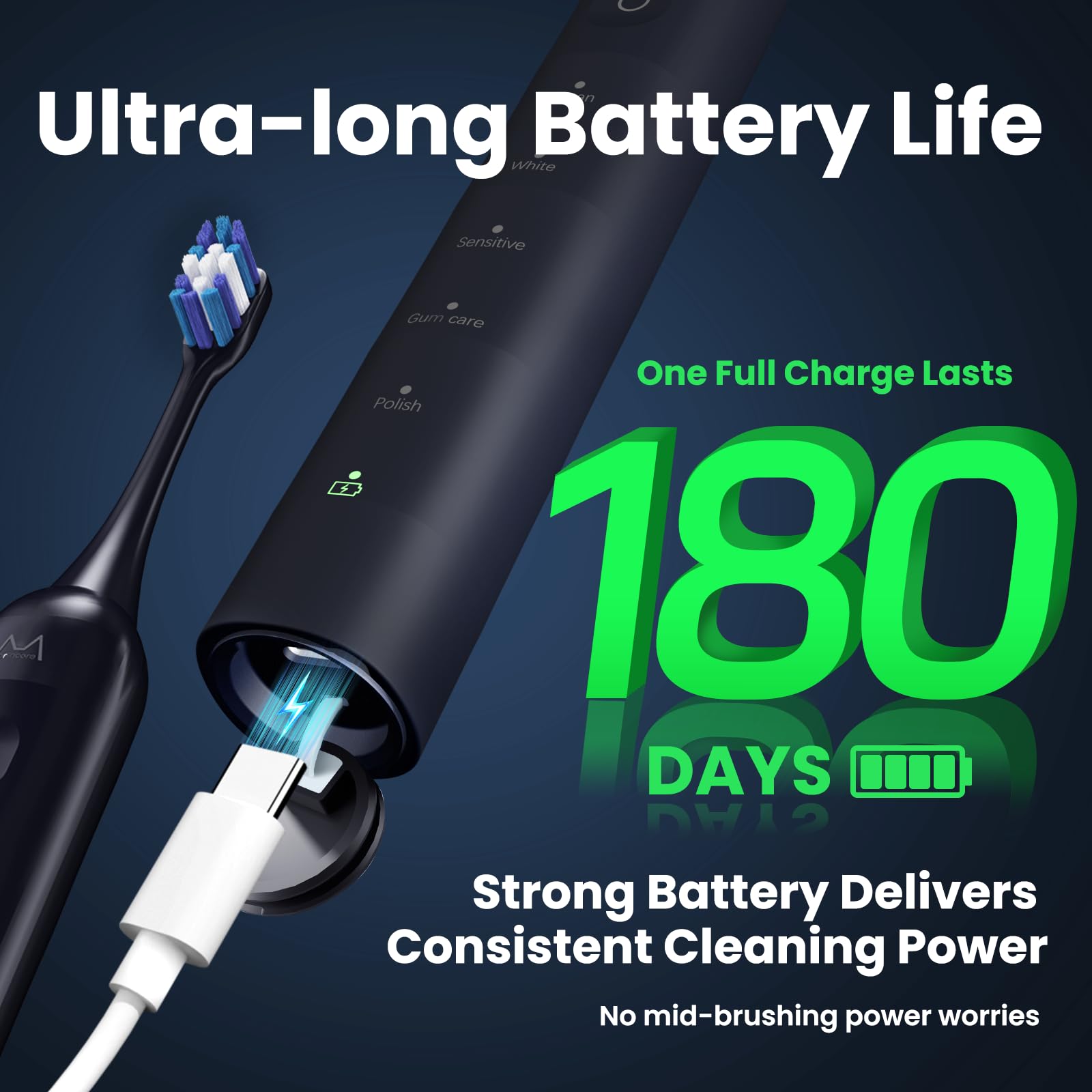 Marlincare Sonic Electric Toothbrush with 5 modes and 180-day battery life, shown with sleek design and ergonomic handle