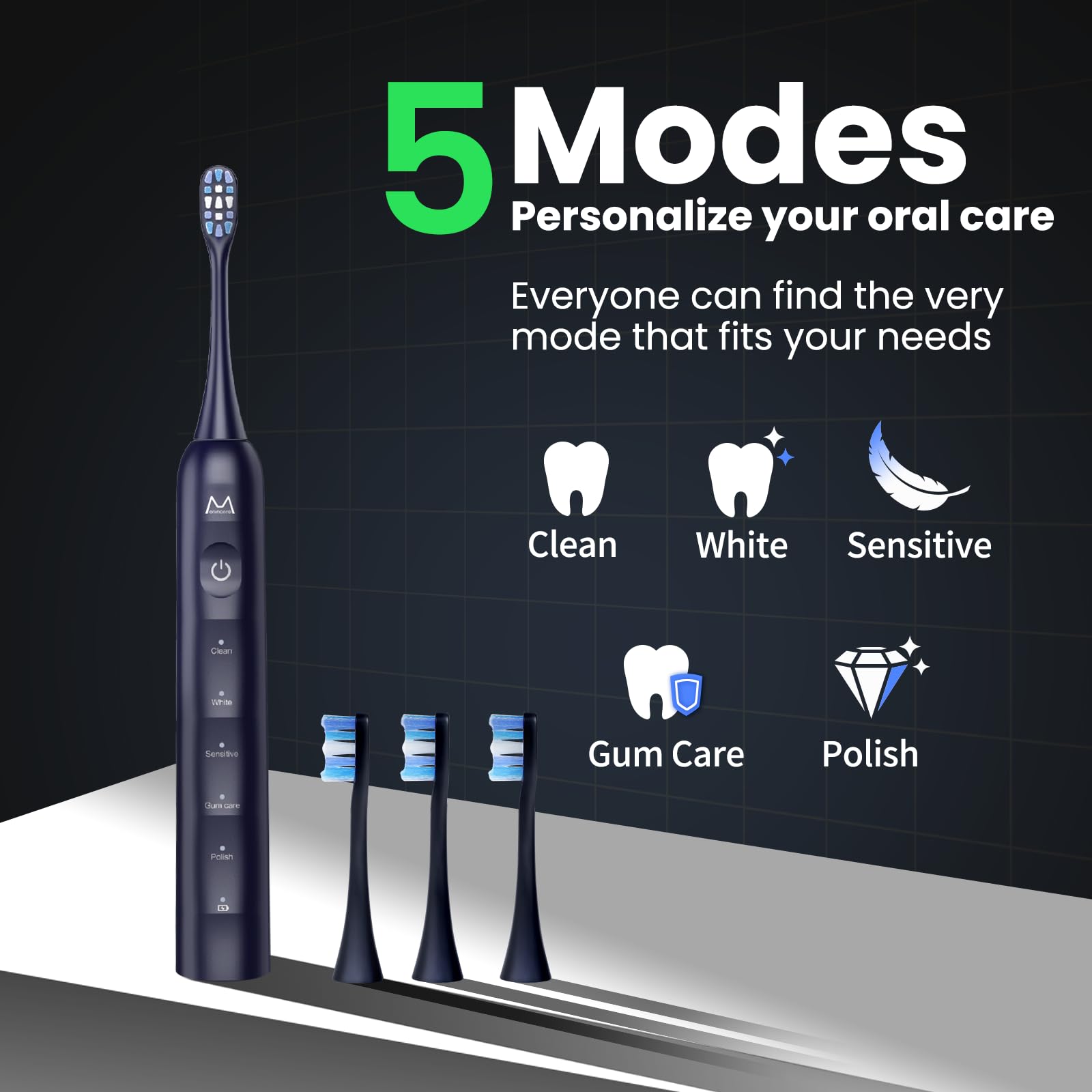 Marlincare Sonic Electric Toothbrush with 180-day battery, 5 cleaning modes, and ergonomic handle.
