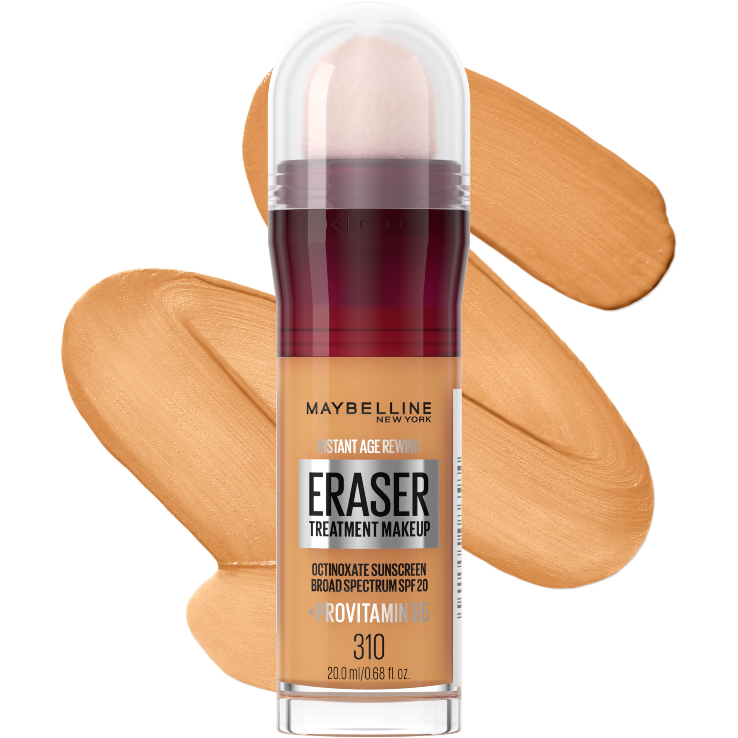 Maybelline Instant Age Rewind Eraser Foundation SPF 20 in a beige bottle, designed for smooth skin coverage and brightening.