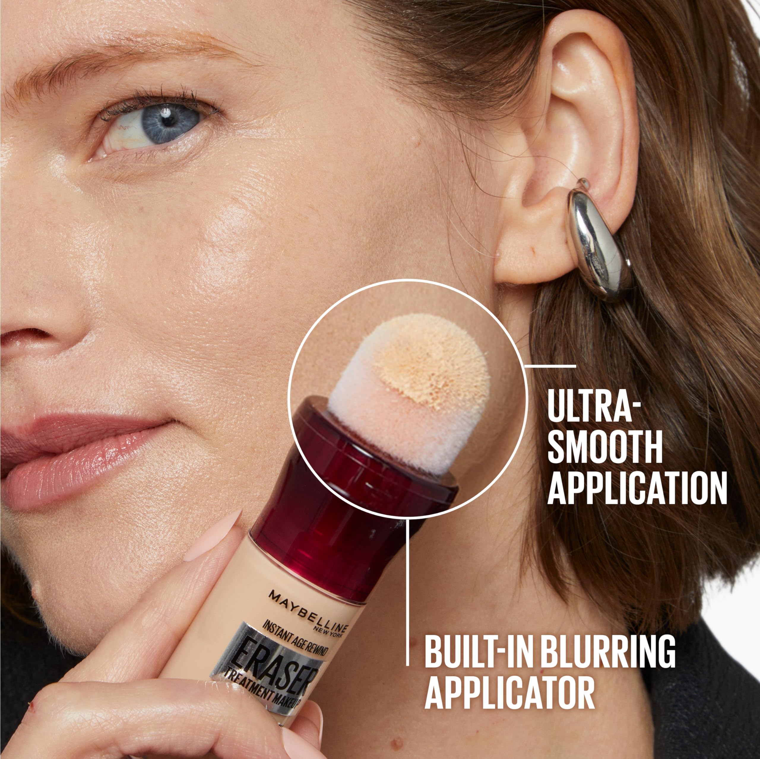 Maybelline Instant Age Rewind Eraser Foundation SPF 20, a skin foundation and concealer in a sleek bottle with applicator tip.